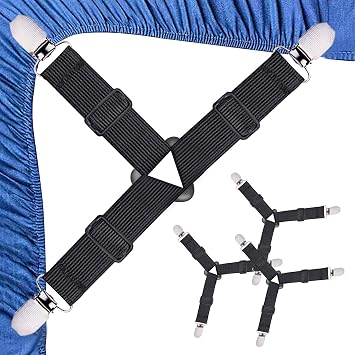 Qufiiry Black Bed Sheet Clips, 4 Pcs Adjustable Bed Sheet Straps, Fitted Sheet Clips with Clips, Triangle Sheet Clips for Bedding, Mattress Covers, Bed Sheets, Sofa Cushion