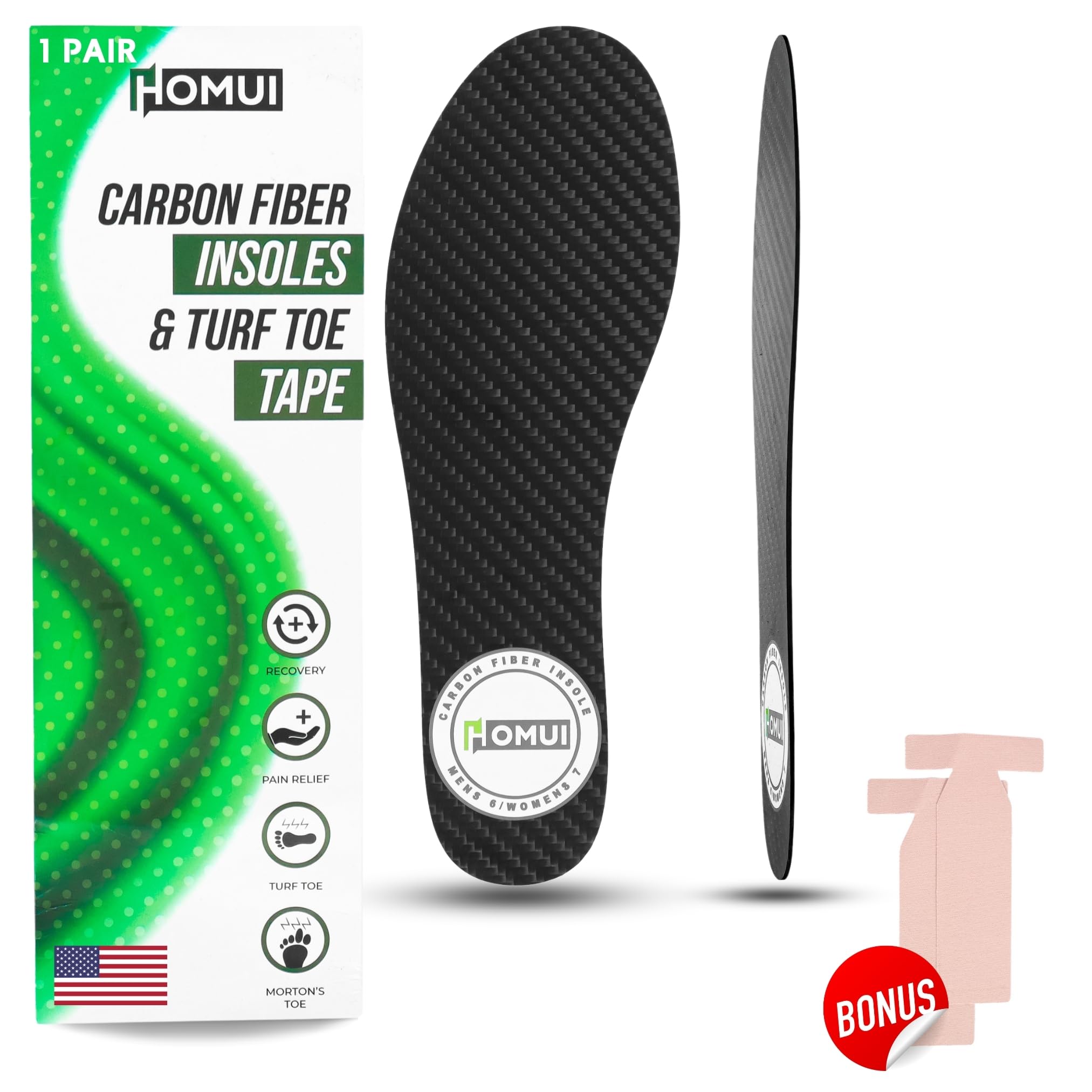 Carbon Fiber Insole (1 Pair) with Turf Toe Tape - Rigid Insole for Foot Pain Relief, Foot Fractures, Turf Toe, Hallux Rigidus, Mortons Extension -