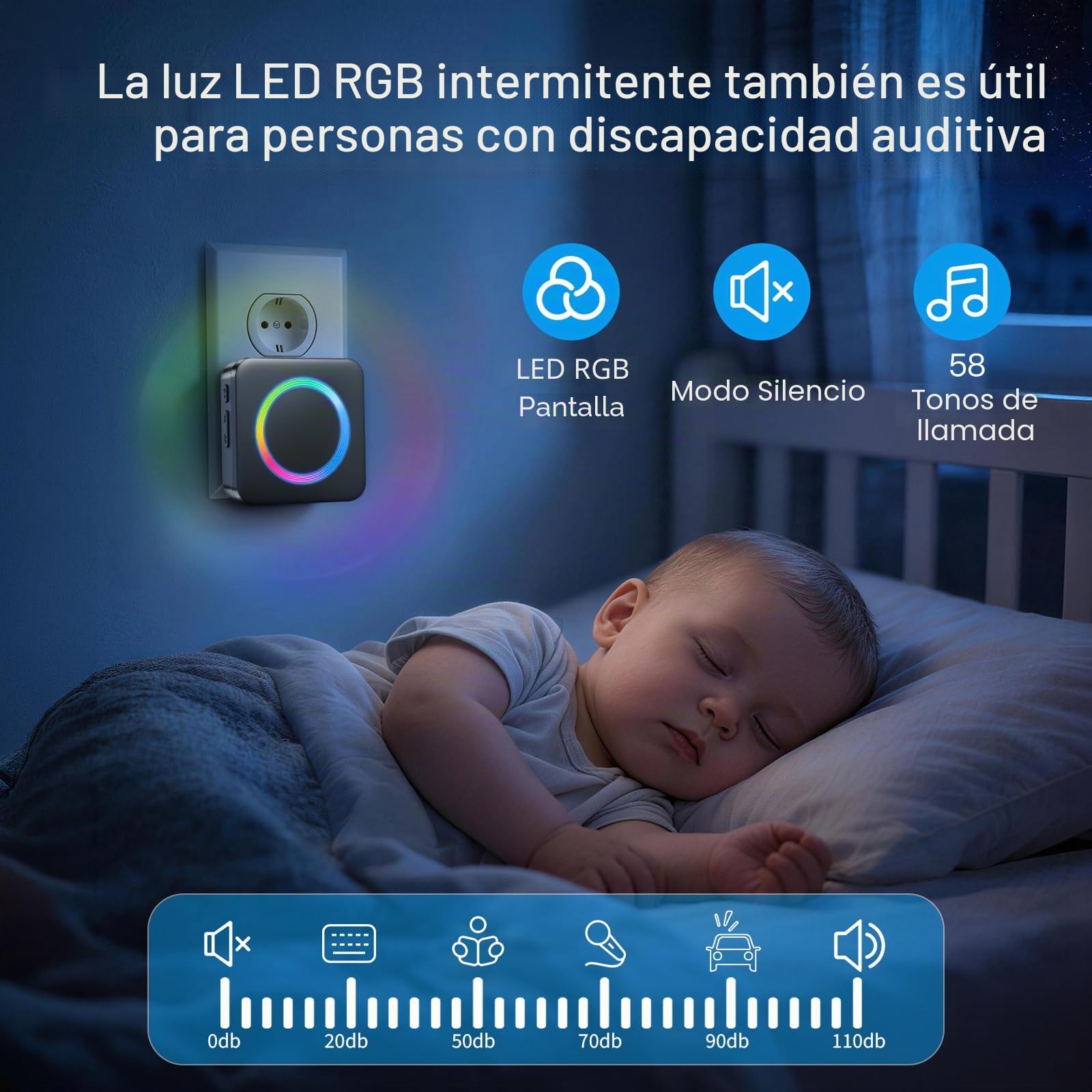 BITIWEND Transmisión de Señales de Radio para Intercomunicadores, Timbre de Puerta RGB luz, Amplificador con CA/CC alimentado, 0-110dB & 58 melodías, Kit de Extensión radio con Convertidor 3-24V