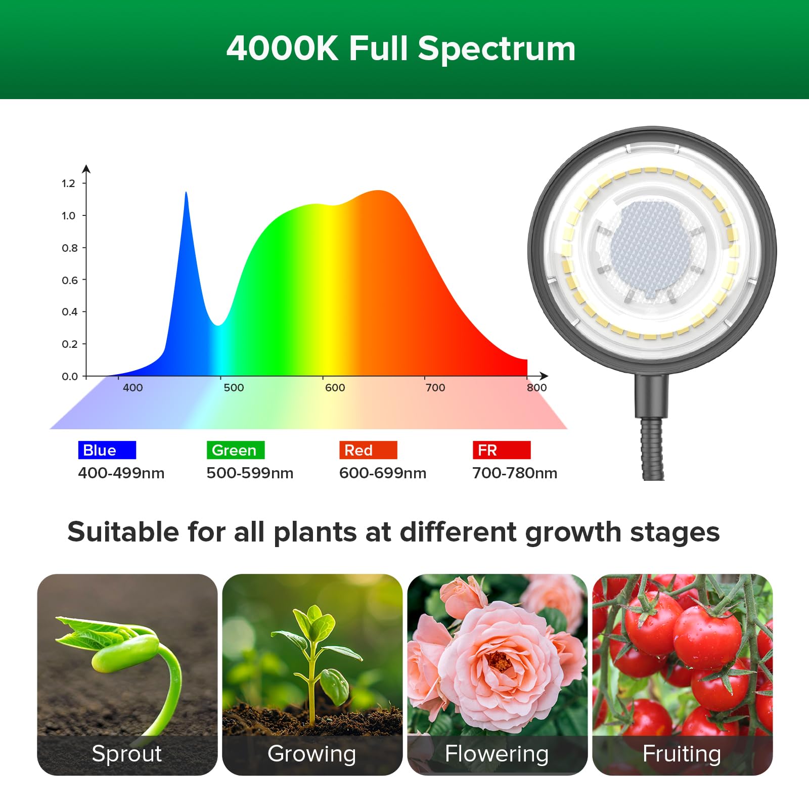 SNASI Lámpara de cultivo para plantas de interior, 12 W, espectro completo, regulable, ideal para macetas, suculentas y jardinería de interior, temporizador de 3/6/12h