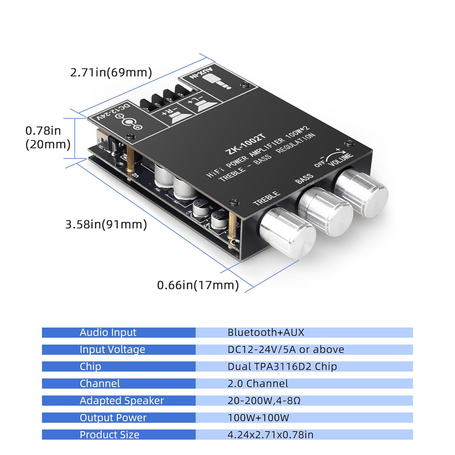 ZK-1002T Bluetooth 5.1 Amplifier Board, 100W+100W 2.0 CH Stereo Audio Amp Module with TPA3116D2 Chip, Treble & Bass Control, DIY Speakers Power Amp for Home Theater Speakers - Image 6