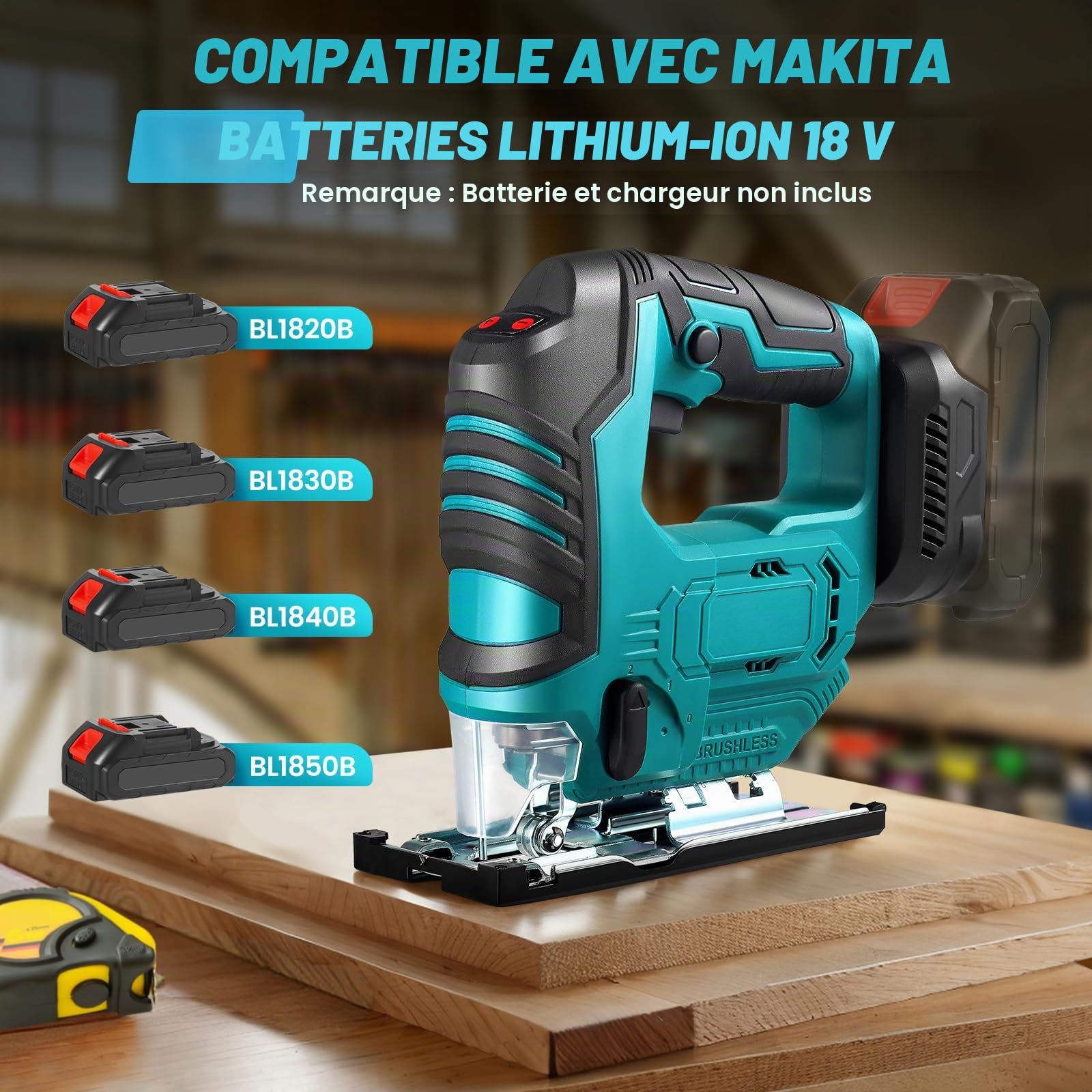 Scie sauteuse électrique avec 3 positions orbitales et coupes en biseau réglables à 45° Compatible avec les batteries 18 V pour la découpe du bois et du métal (Sans batterie)