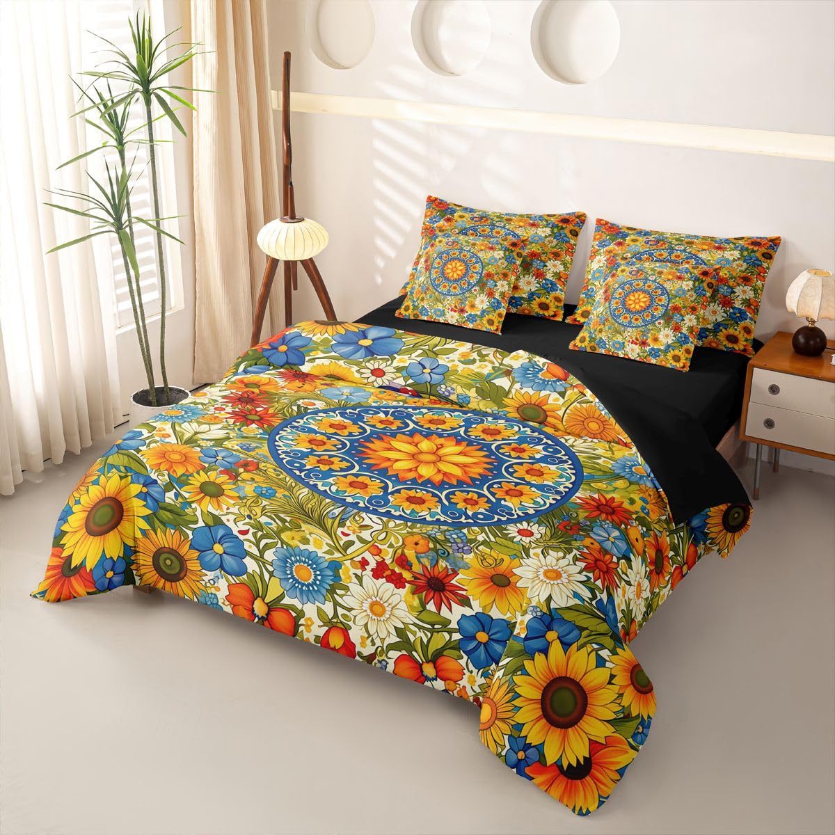 Homewish Set copripiumino king size con motivo floreale bohémien, 7 pezzi