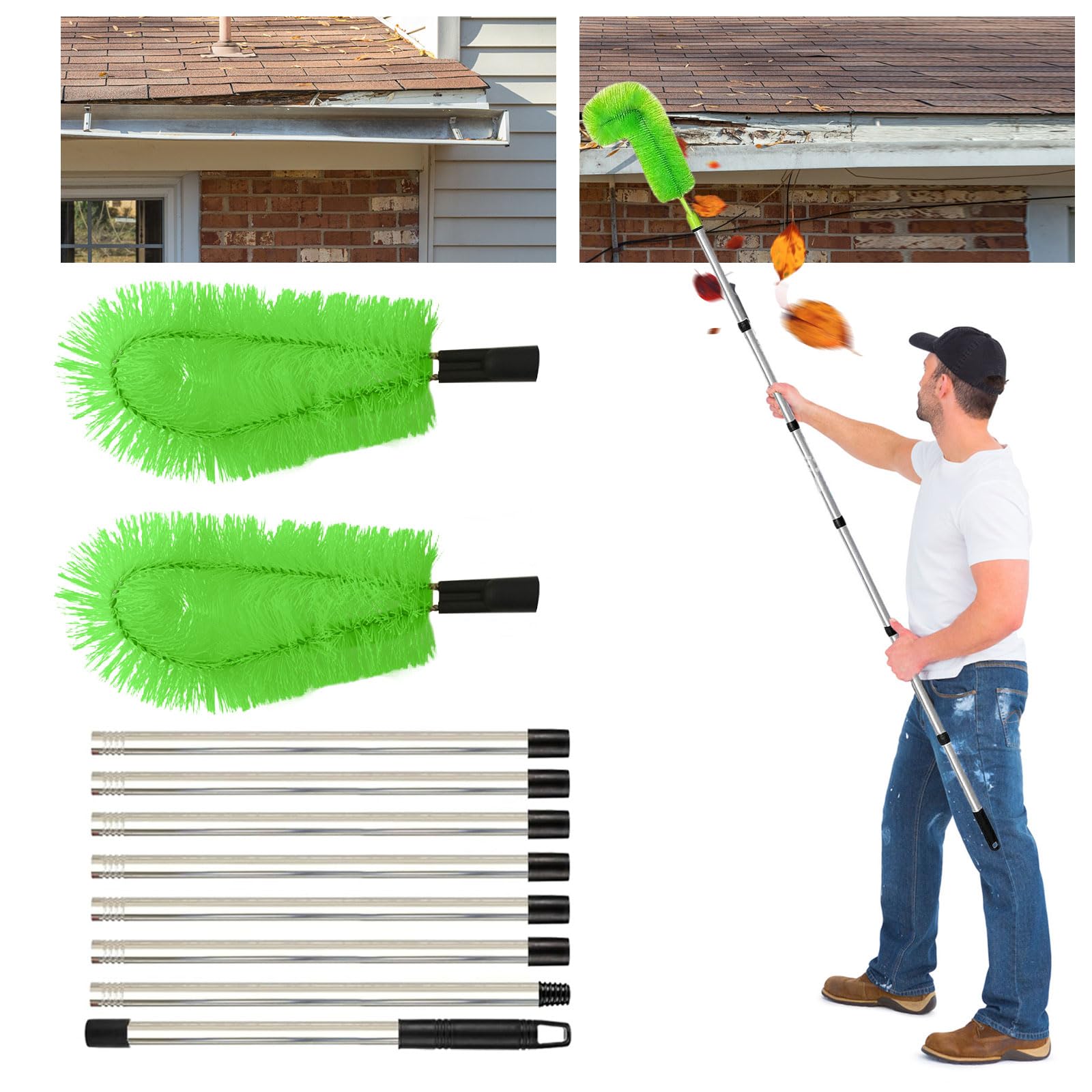Gutter Cleaning Brush Extendable Guard Cleaner Tool with 8 Pcs Telescoping Handle Extension Pole 10ft, Gutter Cleaning Tools from The Ground for Easy Removing Leaves Debris Window Cleaner (Green)