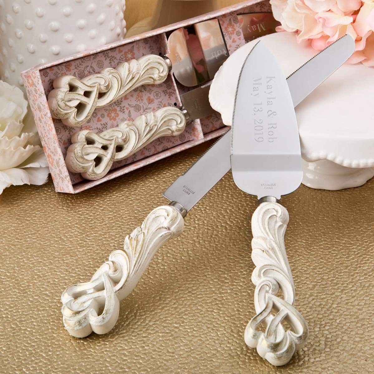 GIFTS INFINITY® Personalized Wedding Cake Knife and Server Set Free Engraving (2468) - Valentine's Day Gift