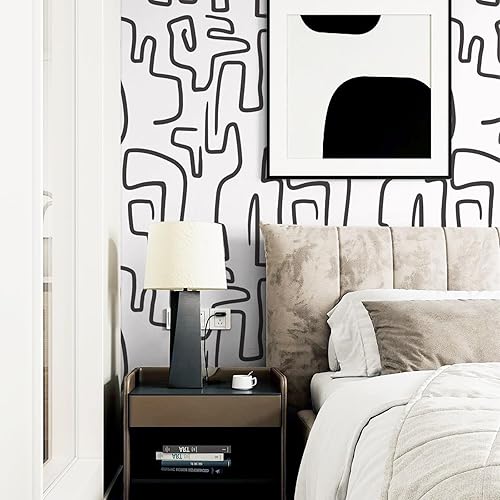 Miniatura 5 de Ismoon Papel tapiz único de 15.6 x 197 pulgadas, color blanco y negro, papel tapiz de garabatos, papel de contacto abstracto moderno, papel de