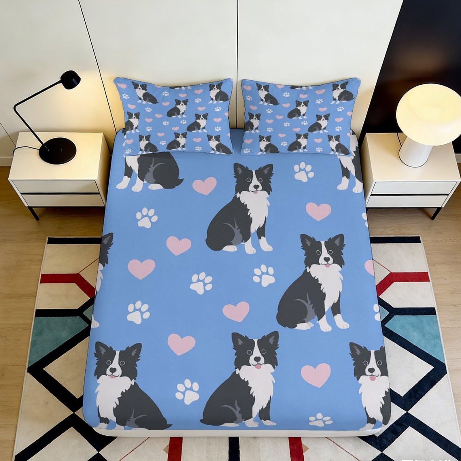 3D Printed Border Collie Dog Pattern Fitted Sheet Microfiber Blue Heart Paw Bed Cover Bedroom Decor, Mattress Protector 90x200x25cm
