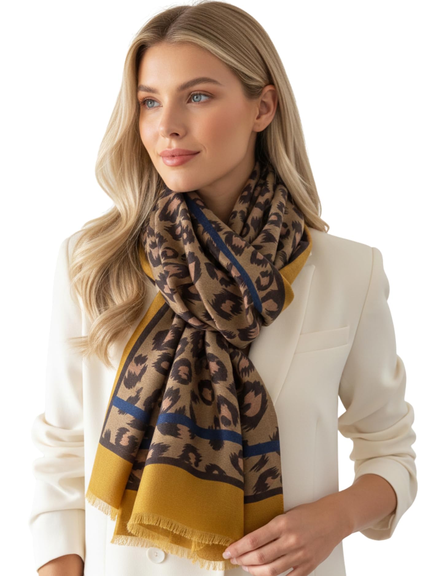 Women Animal Leopard Print Scarf - Ladies Scarves with Stripe, Leopard Print Gifts, Pashmina Shawl, Long Winter Wrap Wearable Blanket, Womens Neck Scarf Shawl Scarfs Animal Prints (Mustard Yellow)