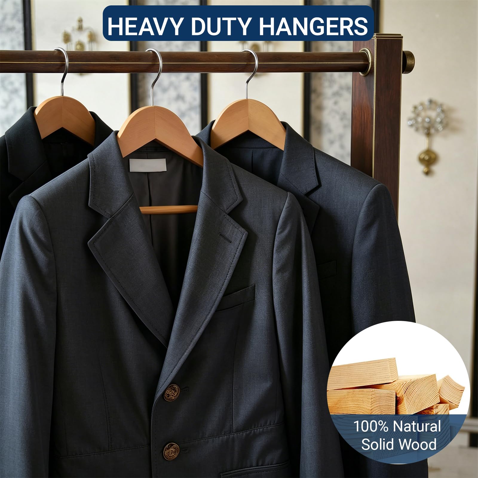 Amber Home Perchas de Madera Maciza, Paquete de 20 Perchas de Madera Suave con Acabado Natural con Barra Antideslizante para Pantalones, Perchas de Ropa con Gancho Giratorio de 360 Grados y Muescas