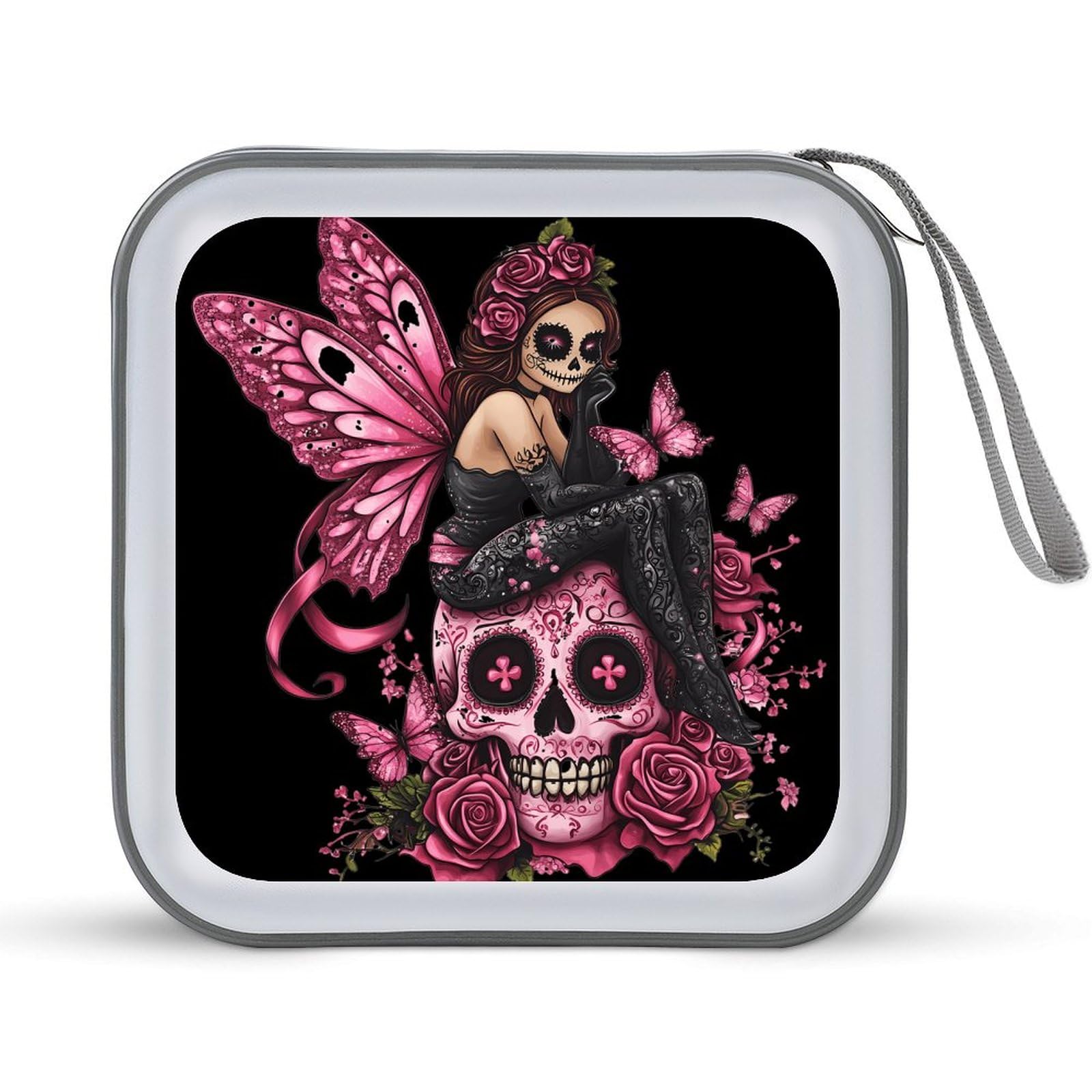 Skull Fairy Breast Cancer Awareness Ribbon CD Case Plastic DVD Case Holder Wallet Disc Storage Organizer for Car Travel