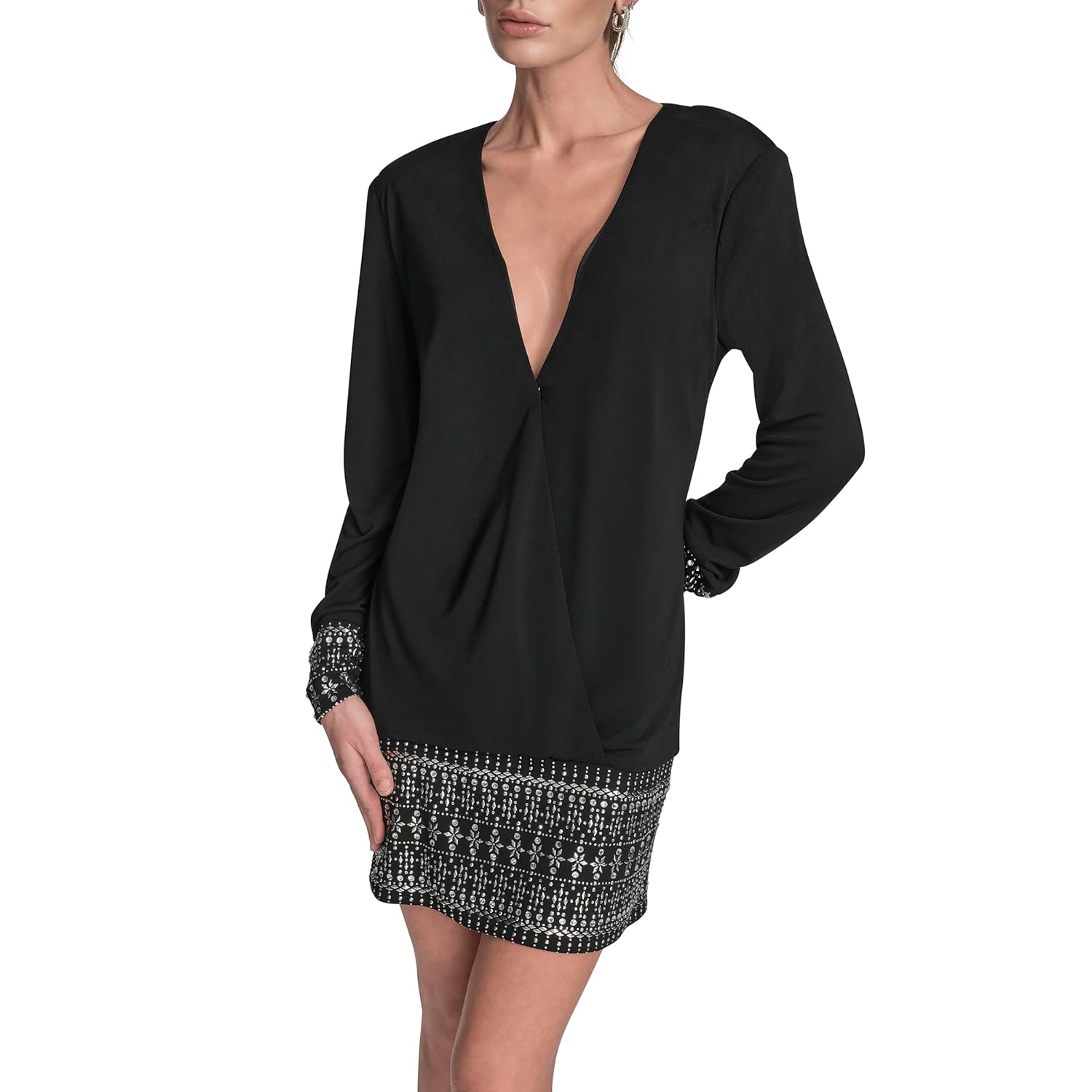 BCBG Womens Long Sleeve Plunge V-Neck Stretch Bodycon Mini Dress
