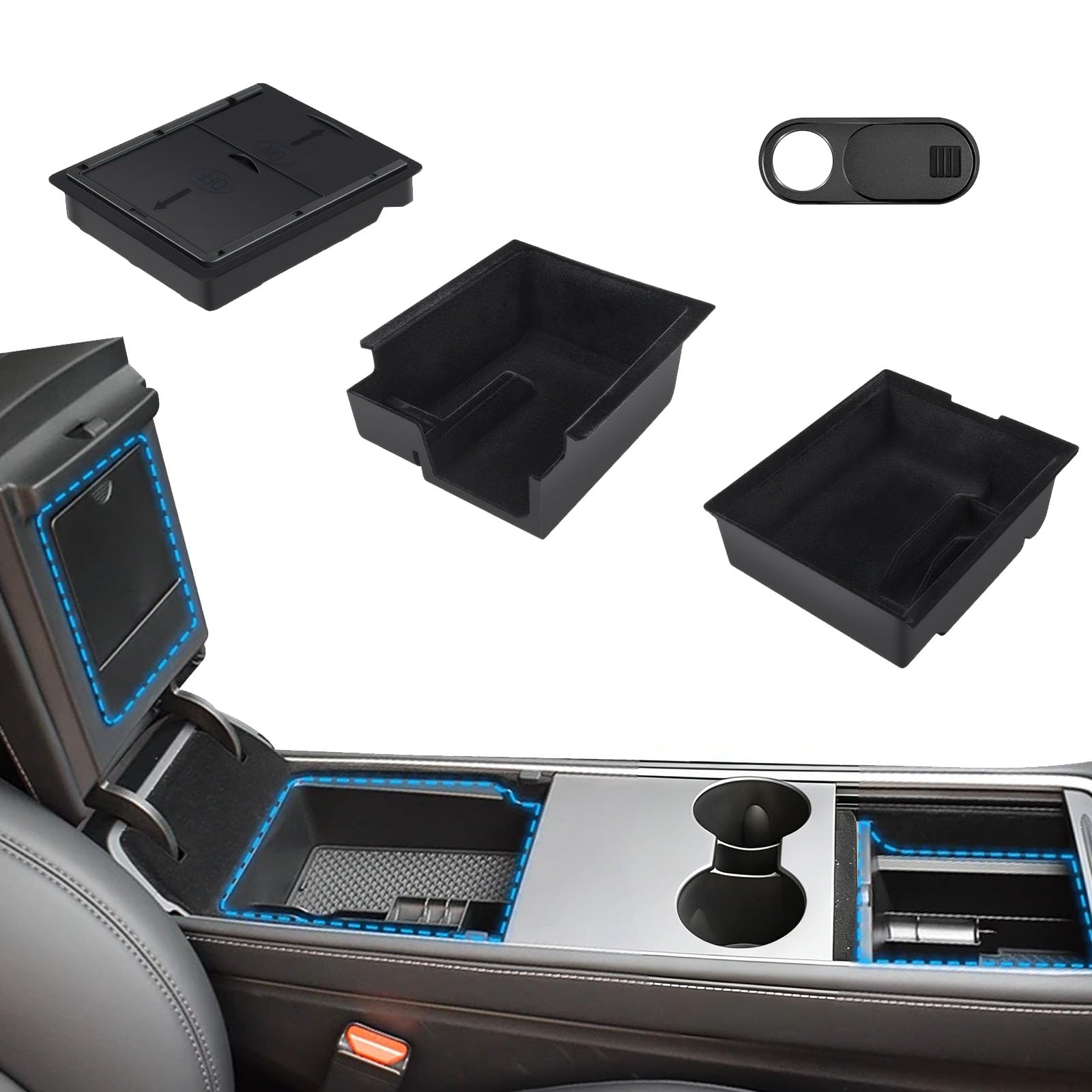 4 organizer per console centrale Tesla Model 3/Y 2021-2024, bracciolo nascosto portaoggetti interno auto floccato nascosto cassetto cubby antiscivolo e antivibrante copertura privacy accessori interni