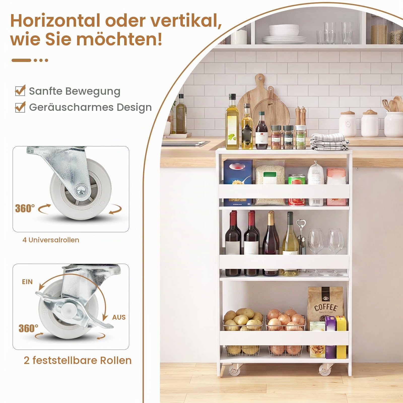 GIANTEX Nischenregal 20 cm Breit, Nischenschrank Küche mit Ladestation, Nischenwagen Rollwagen Schmal, Kleines Küchenregal mit Rollen, Küchenwagen Schmal