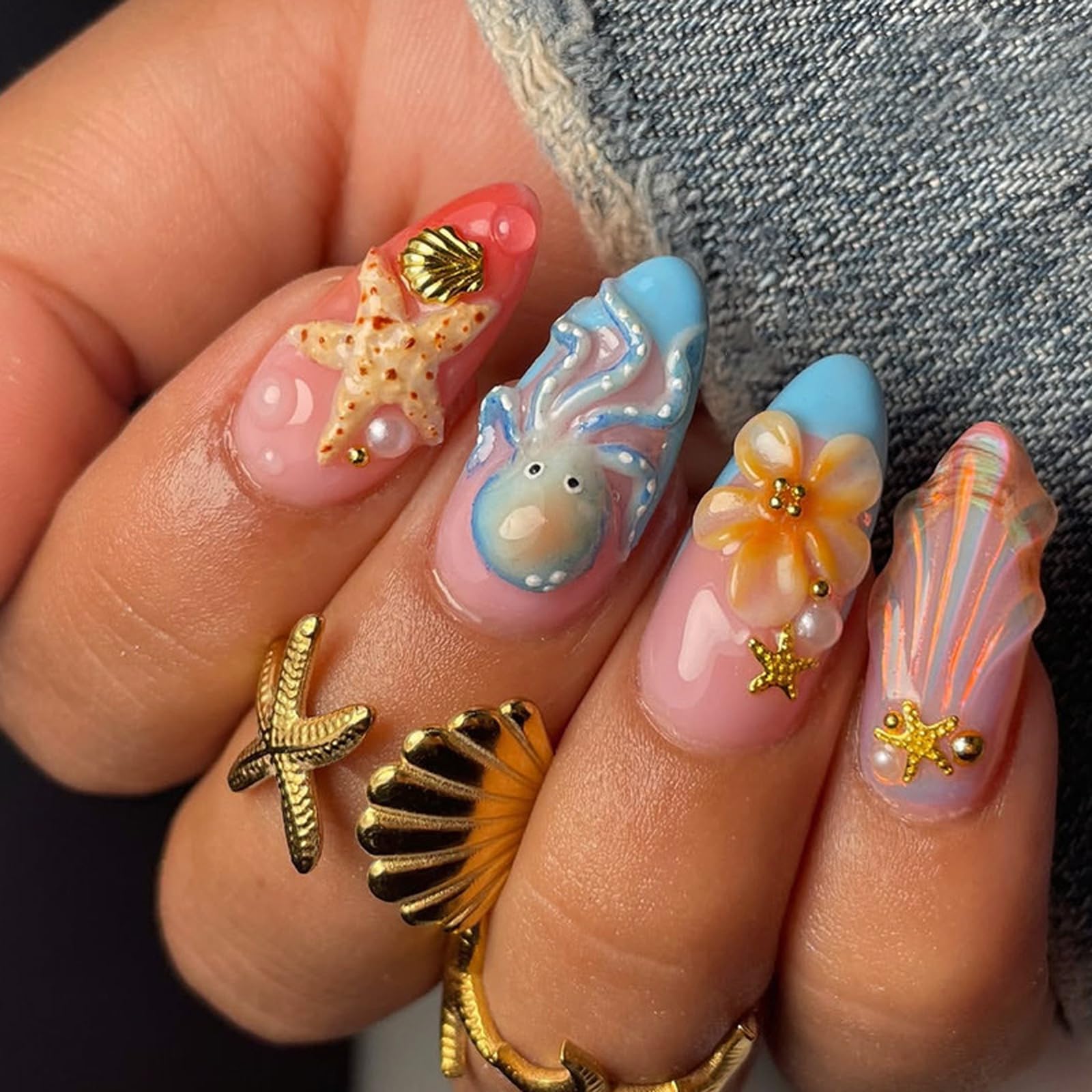 fexxkg 3D False Nails Seaside Theme with Shell Flower Accents, 30Piece Multi Size ABS Manicure Tips for Party Wedding and Daily