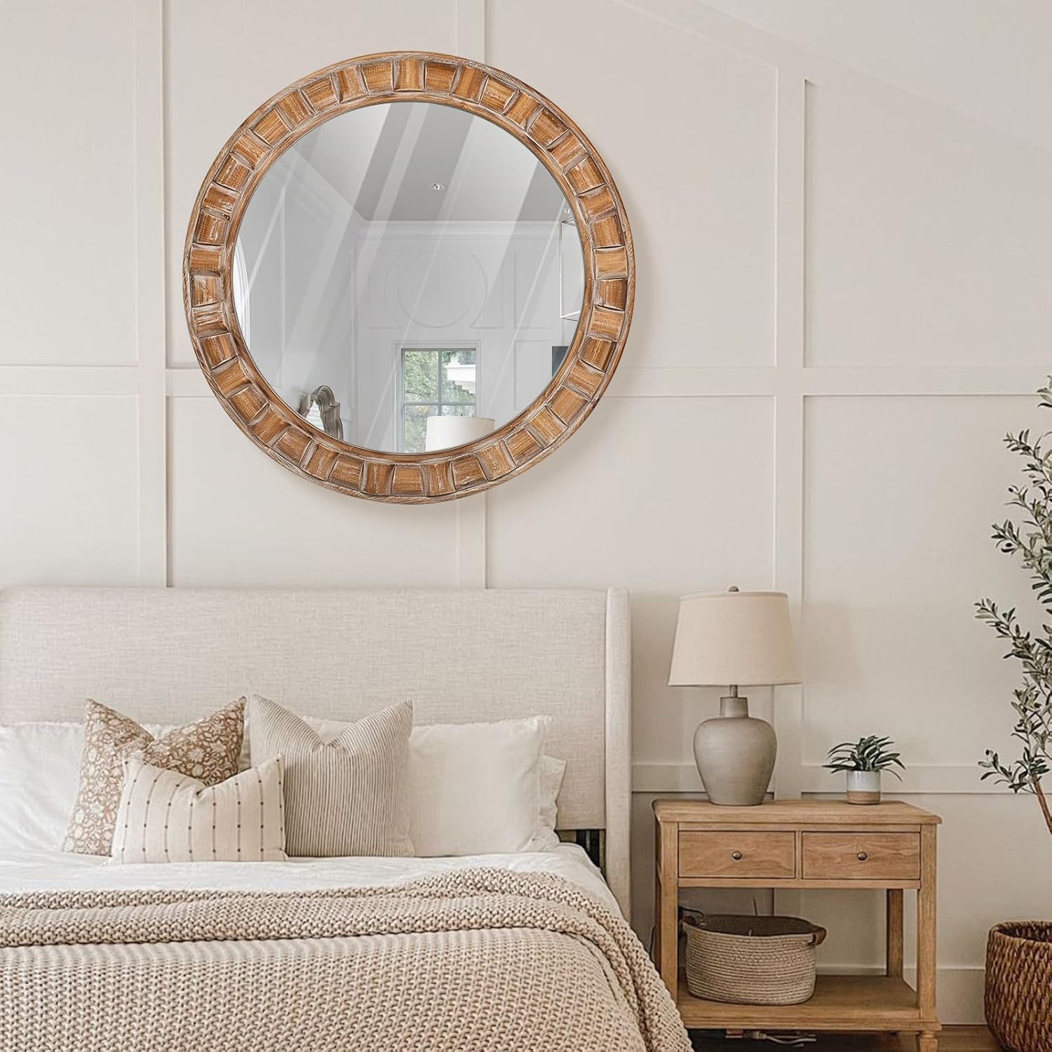 30 Inch Brown Solid Wood Round Wall Mirrors, Decorative Circle Mirror for Bathroom, Bedroom, Living Room, Hallway, Foyer, Entryway