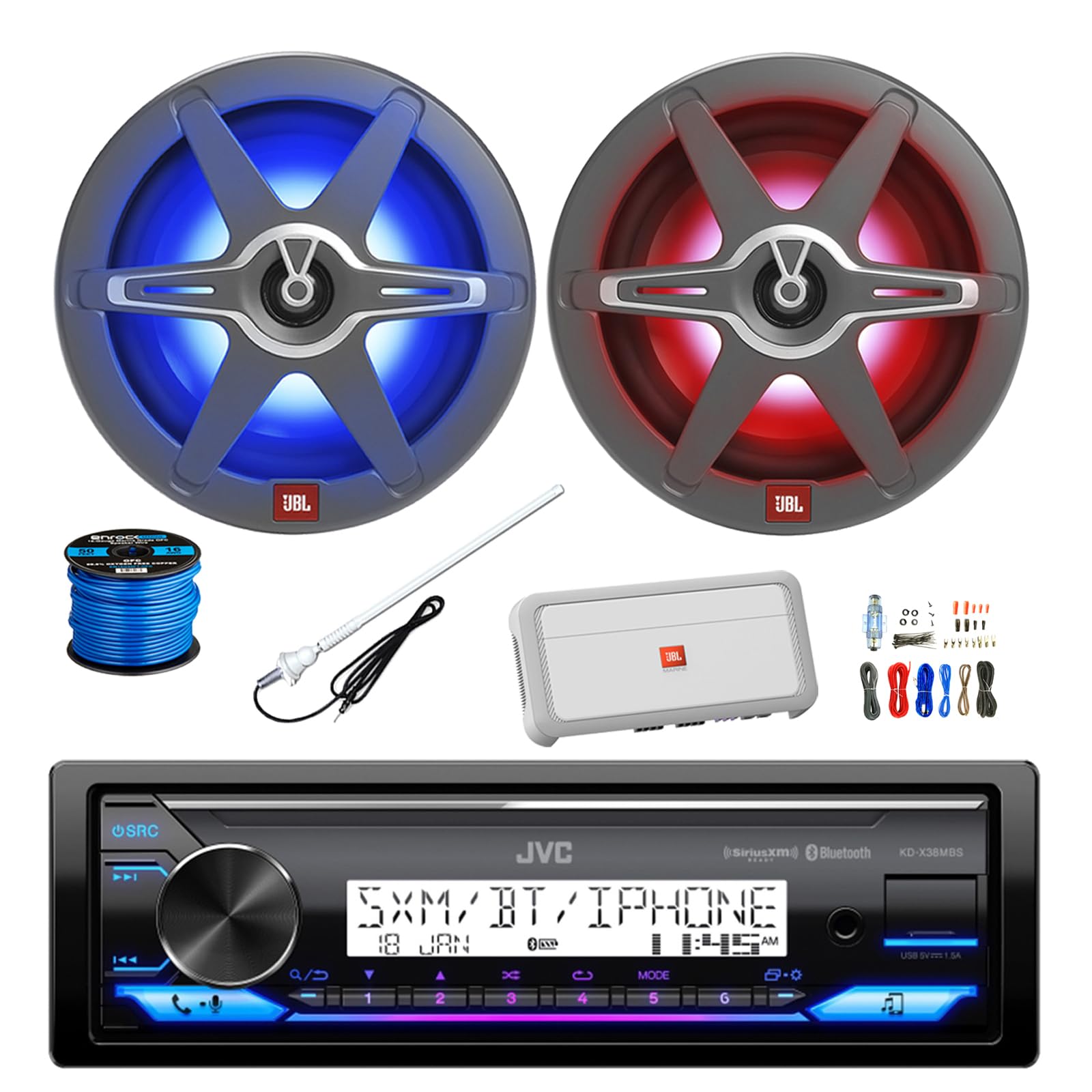 Single DIN Marine Bluetooth AM/FM Stereo Receiver, 2X 8 450 Watt 2-Way Multicolor LED Outdoor Audio Speakers, Amplifier w/Install Kit, Radio Antenna, Wire