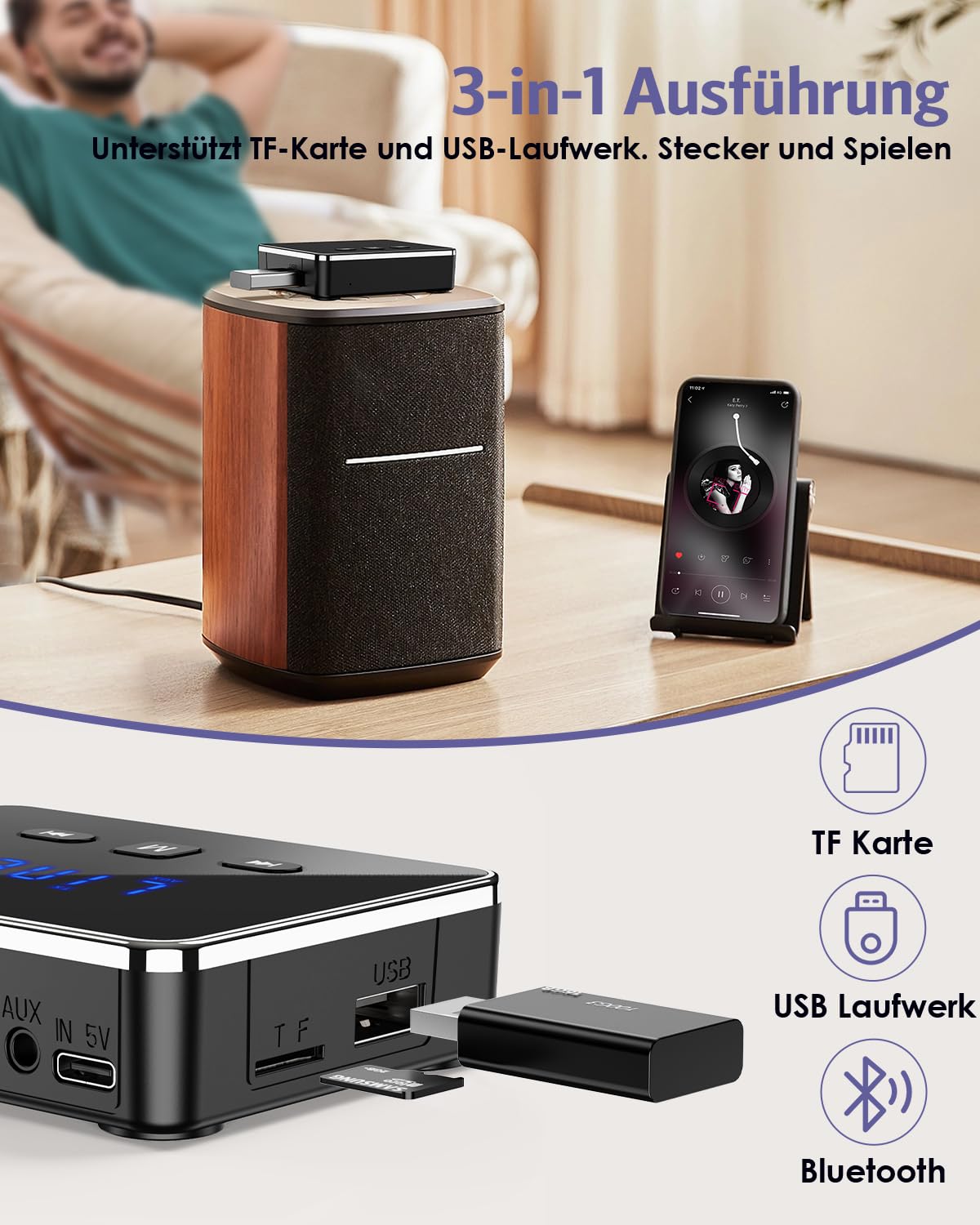 Bluetooth 5.4 Sender Empfänger, 3-in-1 Bluetooth Adapter mit AUX/RCA/Optisch, Low Latency Audio Transmitter Receiver für TV, Stereoanlage, Unterstützt TF-Karte USB, AUX Blue-Tooth Adapter