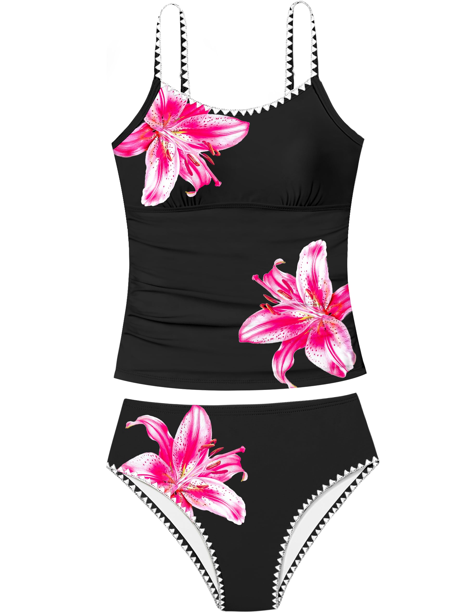 Girls Swimsuit Solid Color Tankini Contrast Trim Swimwear 2 Piece Bathing Suit Padded Swimsuits for Teens 9-16Y