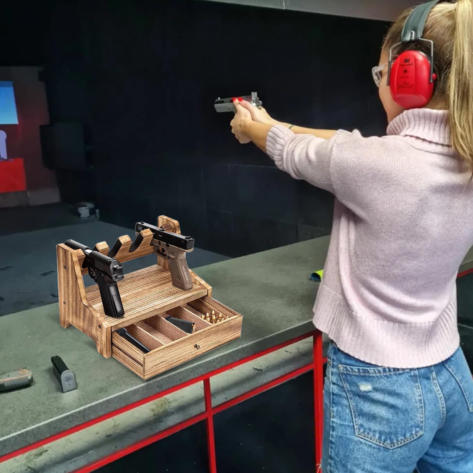 Pistolenregal Pistolen Aufbewahrung Fasst 4 oder 6 Pistolen,Massivholz Pistolenständer,Pistolensammelregal mit Schublade,Sichere Pistolenaufbewahrung,zur Pistolenpräsentation