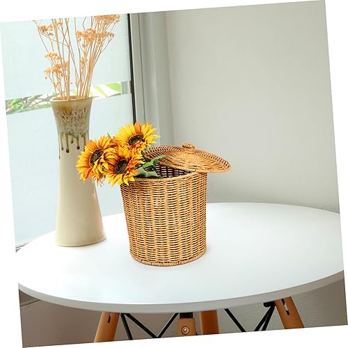 Miniatura 9 de IMIKEYA Cesta de basura de ratán con tapa, papelera de mimbre portátil, cesta de basura redonda, canasta de almacenamiento tejida de plástico para