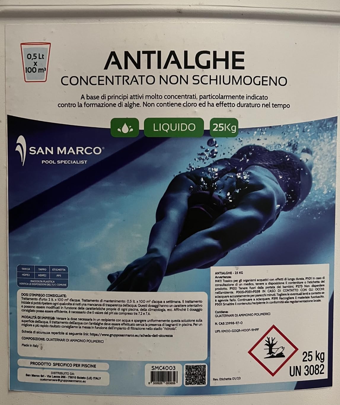 San Marco Antialghe liquido concentrato non schiumogeno per piscina e SPA, antialga per piscine liquido, alghicida e igienizzante, schiarente, disponibile in formato da 5,10,25 kg. (25 kg)
