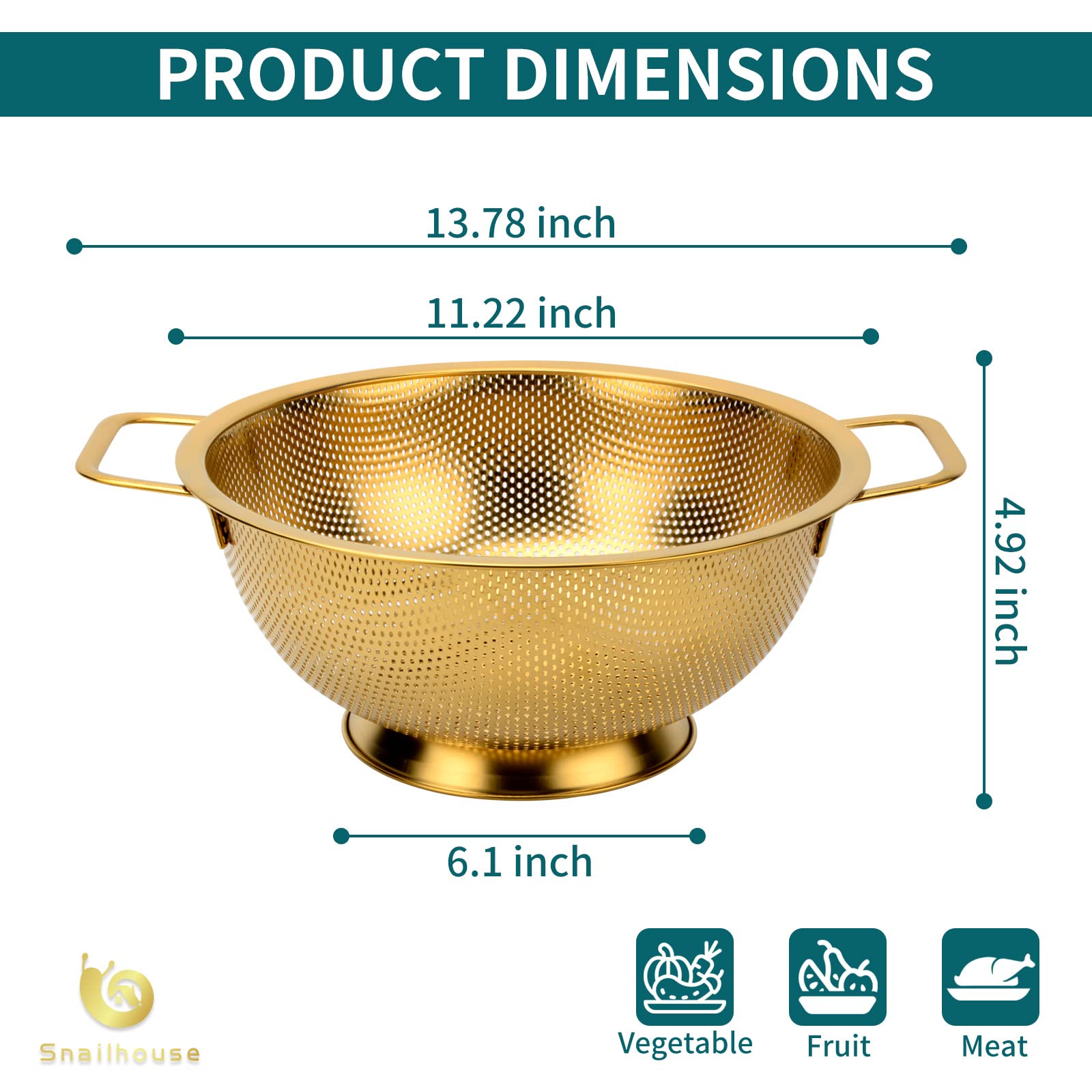 Snailhouse Colino, 5 Quart in acciaio inox per pasta di riso e cibo in metallo colino con manici e base autosrenante per cucina, oro