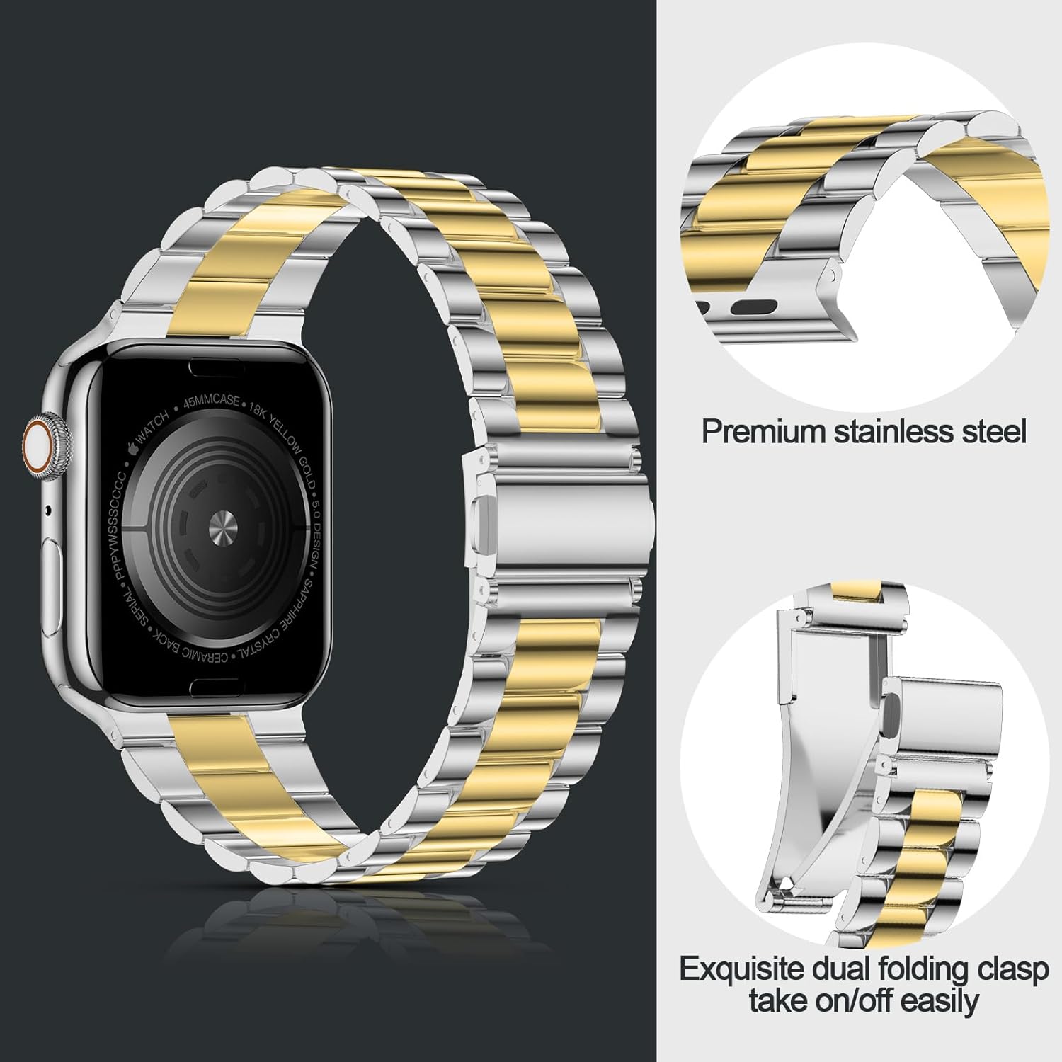 iiteeology Lightweight Stainless Steel Band Designed for Apple Watch Ultra 3 & Ultra 2, Series 1-11, 46mm, 45mm, 44mm, 42mm, Replacement iWatch Bands for Men & Women, Silver/Gold