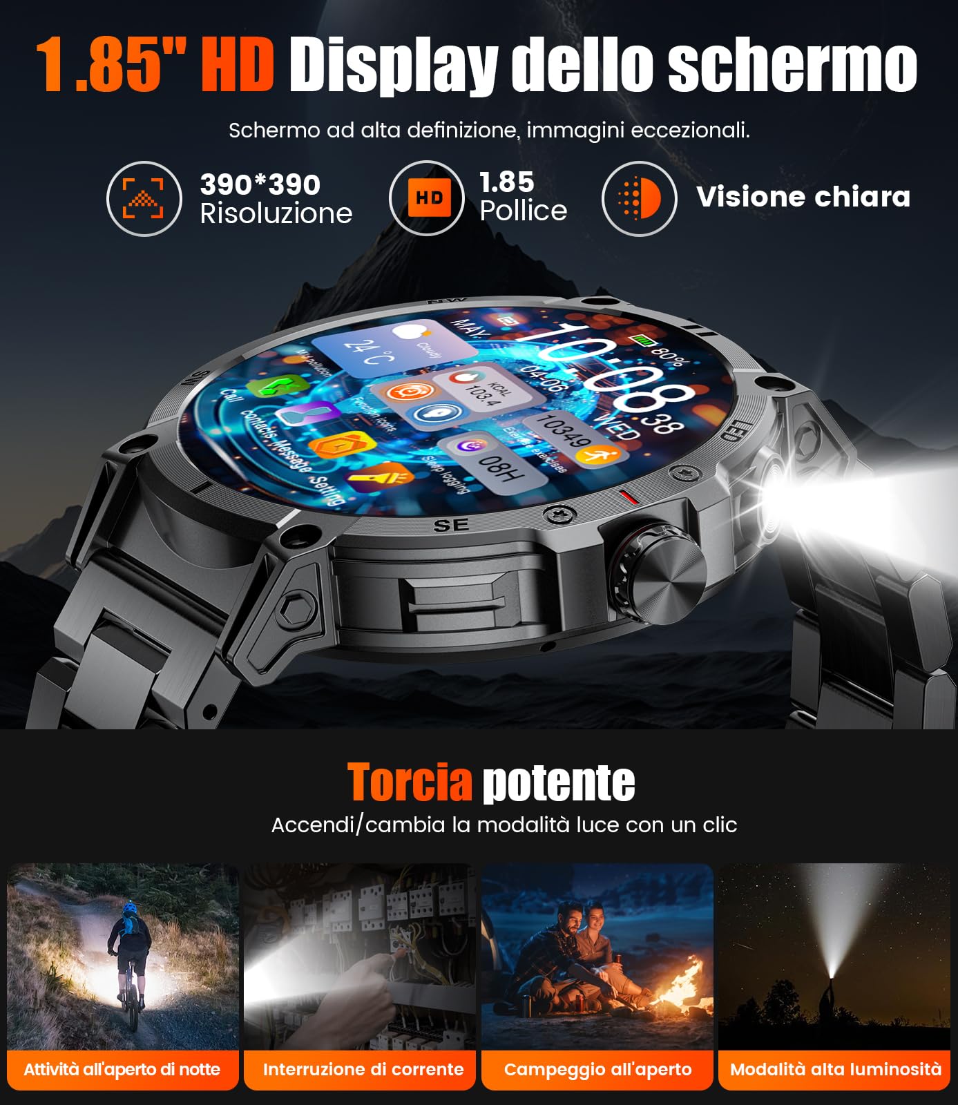 SUNKTA Smartwatch da uomo Militare 1000 mAh grande batteria da 1,7" HD Bluetooth chiamate orologio intelligente per iOS Android con torcia LED, frequenza cardiaca/monitor/contapassi, grigio