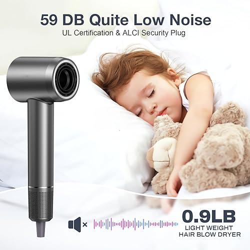 Miniatura 5 de Secador de pelo profesional, 150,000 RPM de alta velocidad y 200 millones de iones negativos, pantalla HD inteligente, bajo ruido 51dB, difusor