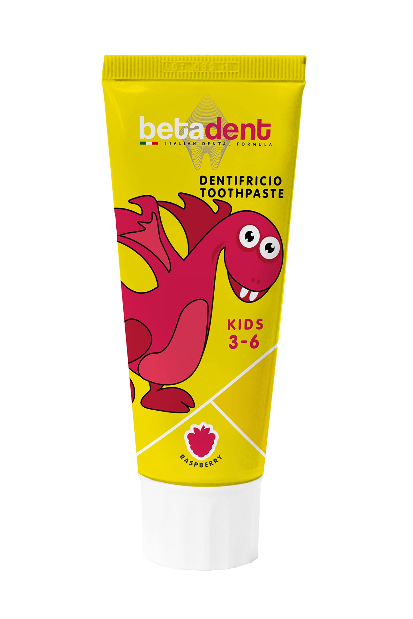 Betadent DENTIFRICIO KIDS per bambini 3-6 anni. Gusto Lampone. Azione anti placca e anti carie. Equilibrato dosaggio di Sali di Fluoro alla concentrazione di 430 ppm F - 75 ml
