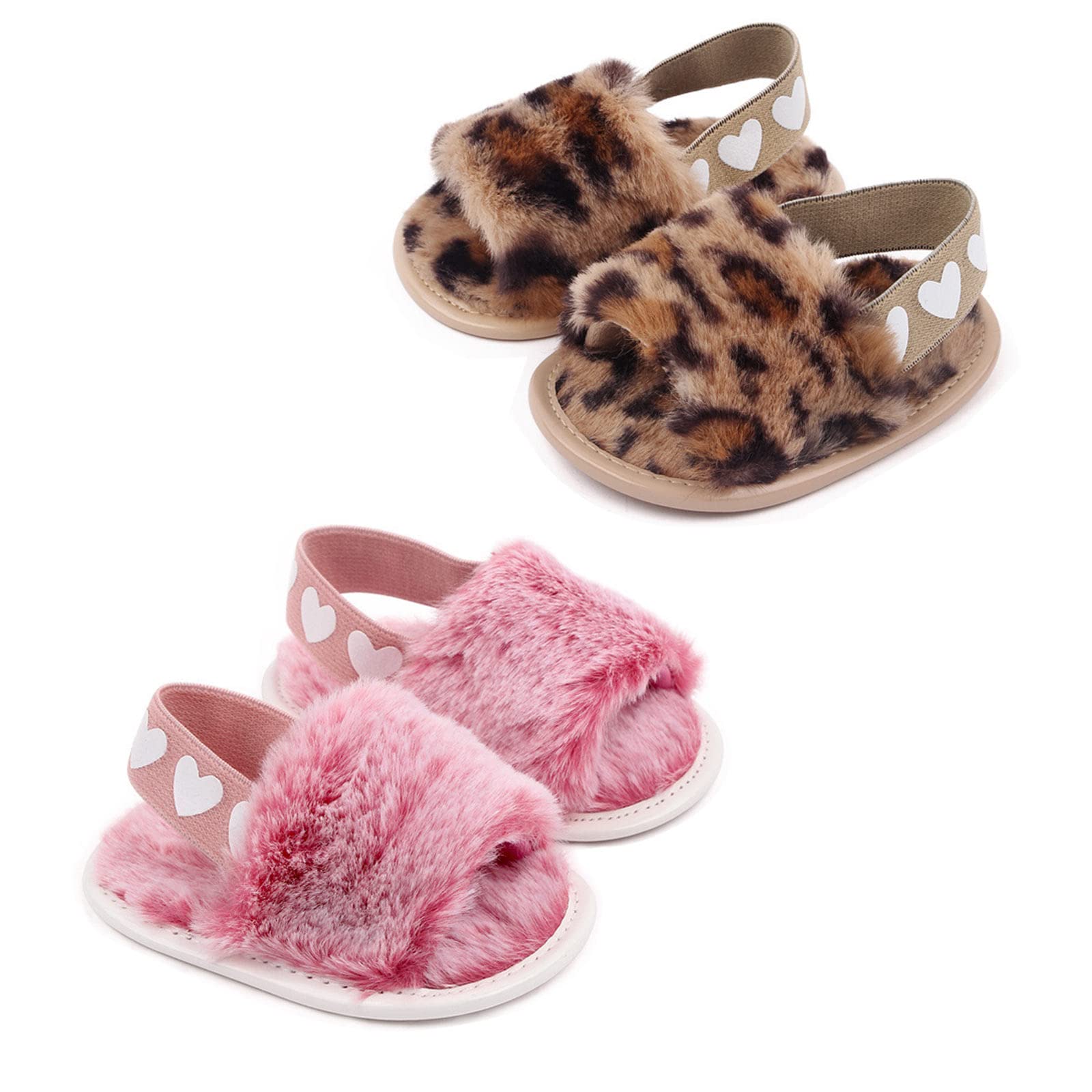 Yinbwol 2 Pack Infant Baby Girls Sandals Elastic Back Strap Flats Slippers Soft Toddles Princess Shoes Faux Fur Slides Shoes First Walker House Shoes