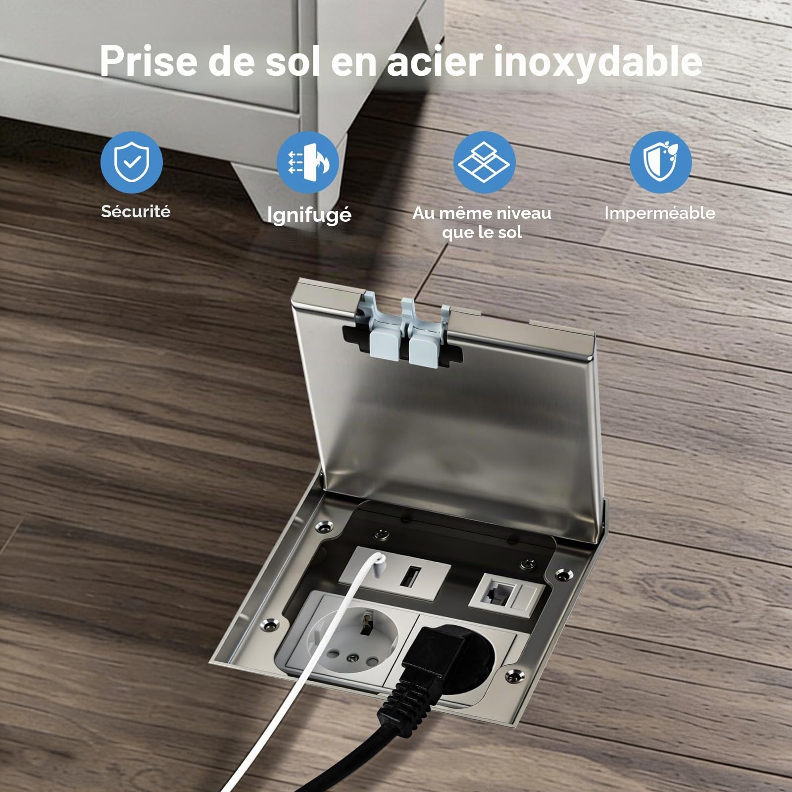 Prise de sol intérieure USB encastrable pour cuisine, encastrable au sol avec 1 connecteur RJ45, prise de sol extérieure pour le sol dans la cuisine, le salon et le bureau