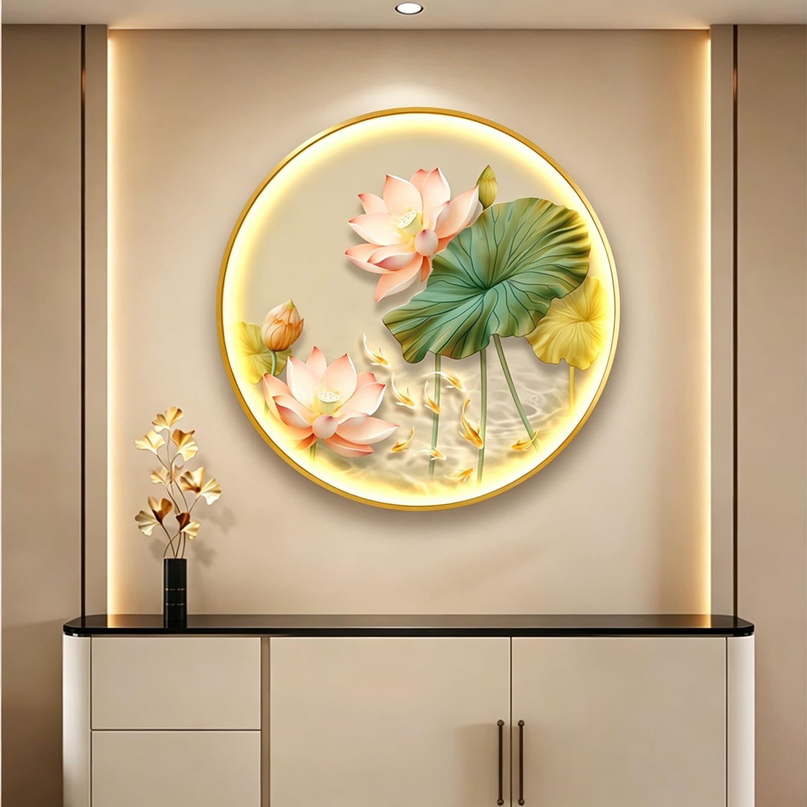 TgrGiEDenLO Sandstone 3D Wall Art with LED Lights, Round Lotus Nine Fish Wall Decor for Living Room, Modern Aesthetic Hanging Sculpture for Entryway/Hallway(B,Gold,60cm/23.6in)