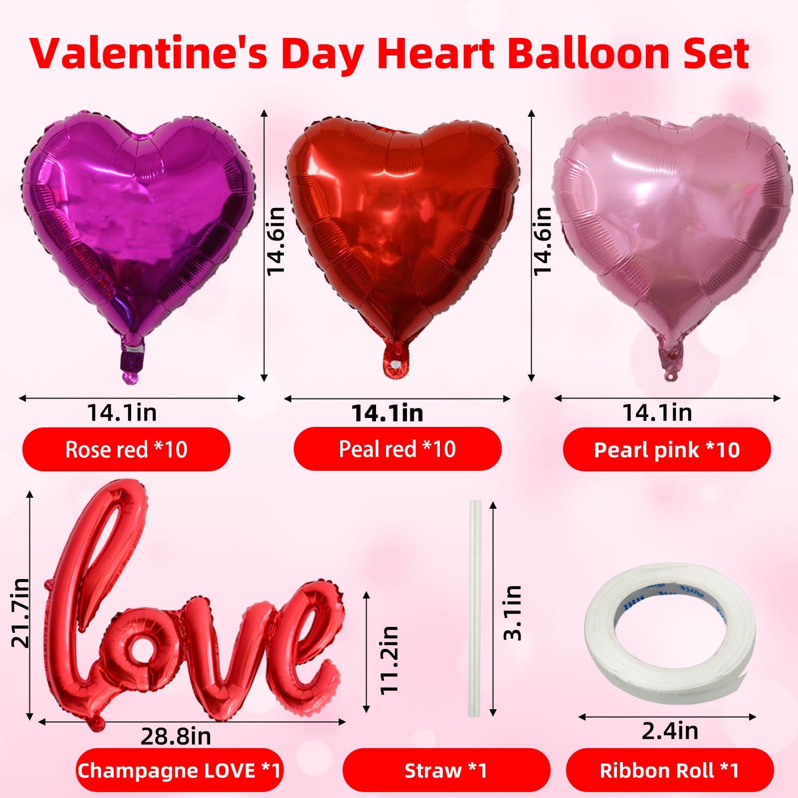GOGOLAN 30 Pcs 18 In Red Heart Balloons and 1Pcs 40 In Linked LOVE Foil Balloon for Romantic Valentines Day Decorations (pearl red/rose purple/pearl pink) - Image 2