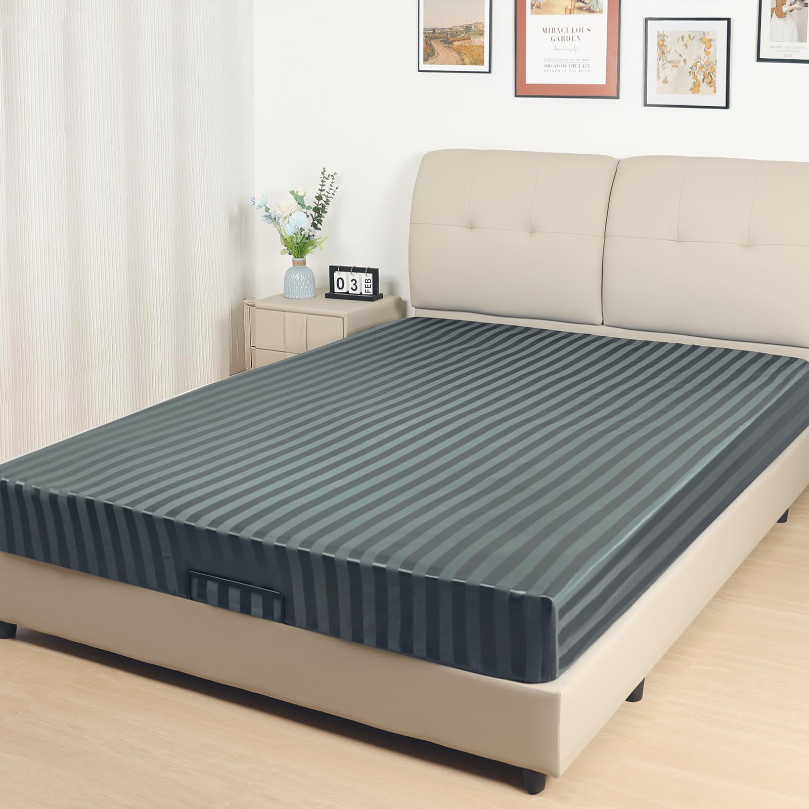 Lirex Satin Fitted Sheet, Silky & Soft Polyester Satin Weave Bed Sheets, 36 cm Deep Pocket with Elastic Corner Straps, Super King, Dark Grey Stripes โ image 1