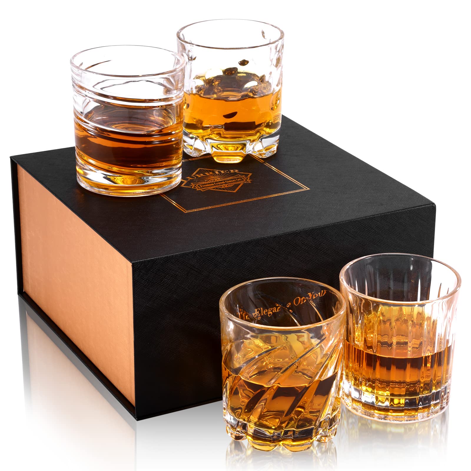 LURRIER Whiskey Glass set of 4,Old Fashioned Glasses,10 oz Crystal Glass for Scotch,Bourbon,4 Patterns Spinning Whiskey Glass Set,Whiskey Glasses gift Set for Father, Husband, boyfriend and men