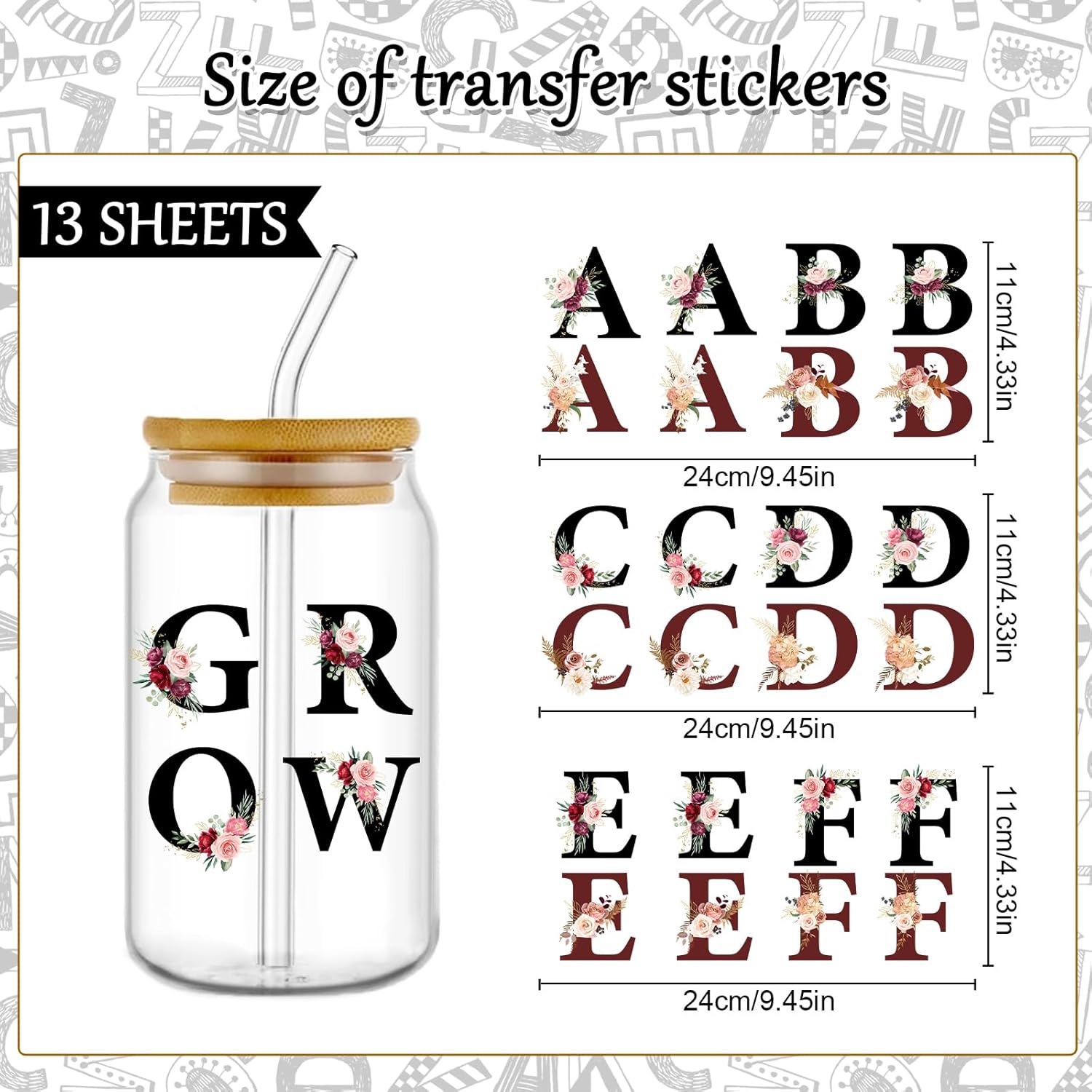 Rngmsi UV DTF Cup Wrap - 13 Sheets Letter UV DTF Cup Wraps for 16 oz Alphabet Flower Uvdtf Decals Waterproof Rub on Transfer Stickers for Glass Cups Wood Crafts