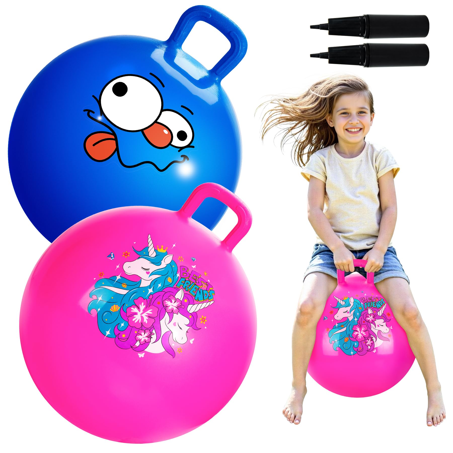 U&C Planet 2er-Pack Hüpfball Hopperbälle mit Griff Hopper Spielzeug für Kinder von 3-8 Jahren Garten Spiel Indoor & Outdoor Spiel Geschenke für Kinder