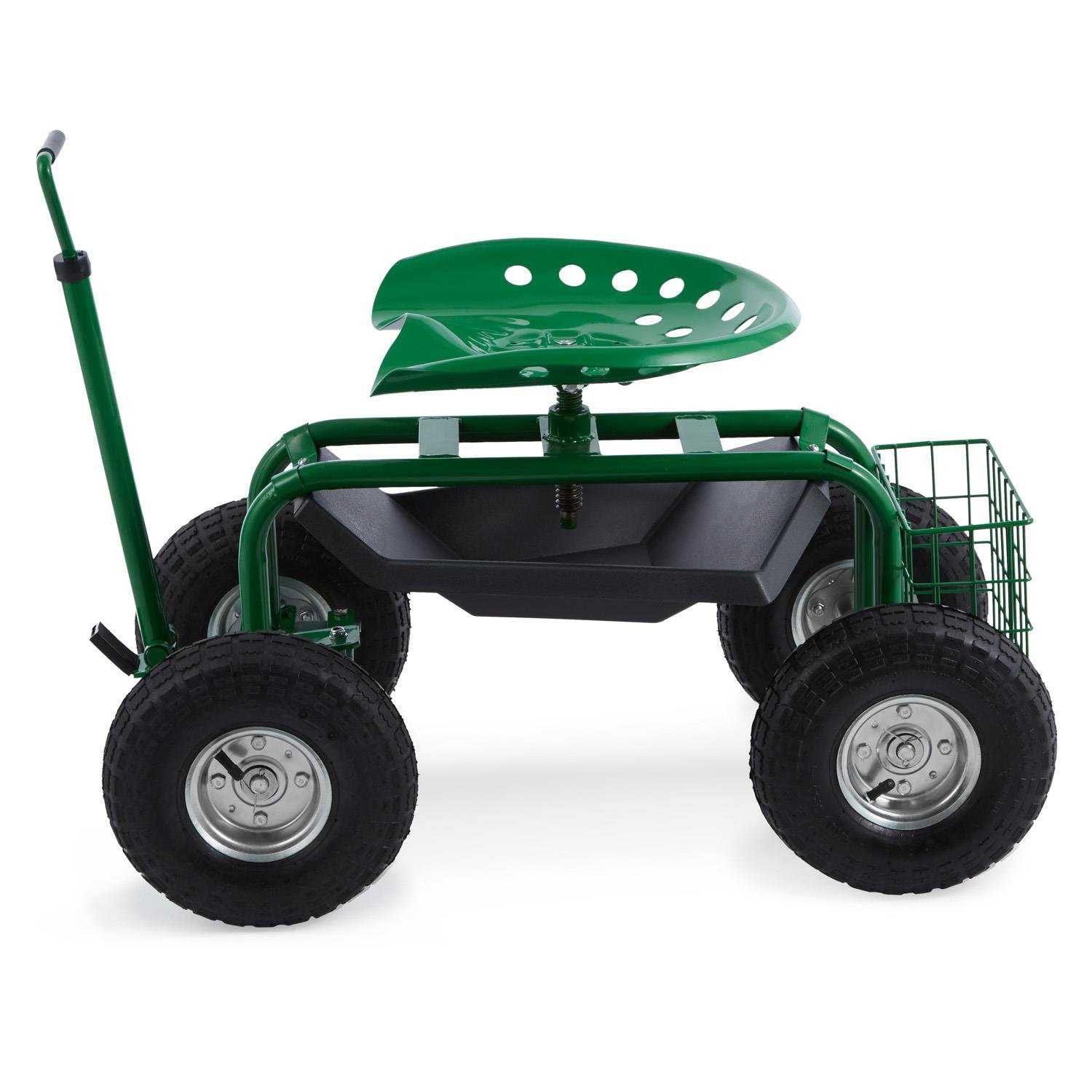 Waldbeck Park Ranger Silla de Jardín Verde (neumáticos grandes, compartimiento práctico, asiento giratorio de altura regulable, capacidad de carga hasta 130 kg)