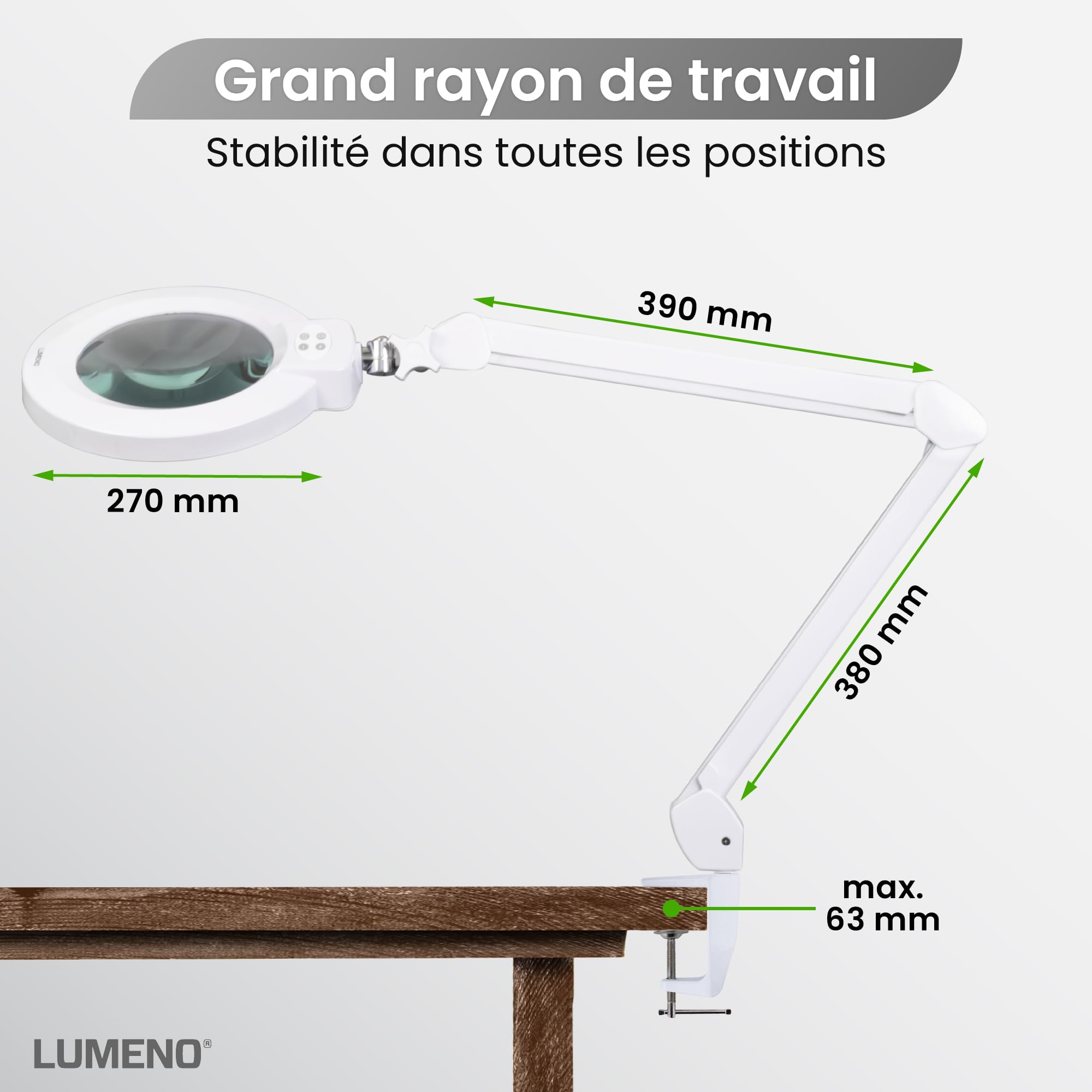 Lumeno 8243PRO Lampe loupe LED avec grande lentille en verre 177 mm, dimmable avec interrupteur à segments et boîtier métallique robuste, pour les travaux manuels, le cabinet de pédicure, 3 dioptries