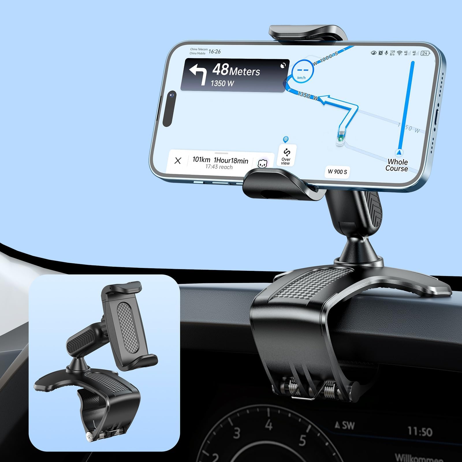 Multifunctional Car Dashboard Mobile Phone Holder, 360 Degree Rotation Universal Dash Clip Cellphone Mount for 4-7 inch Smartphones (Black)