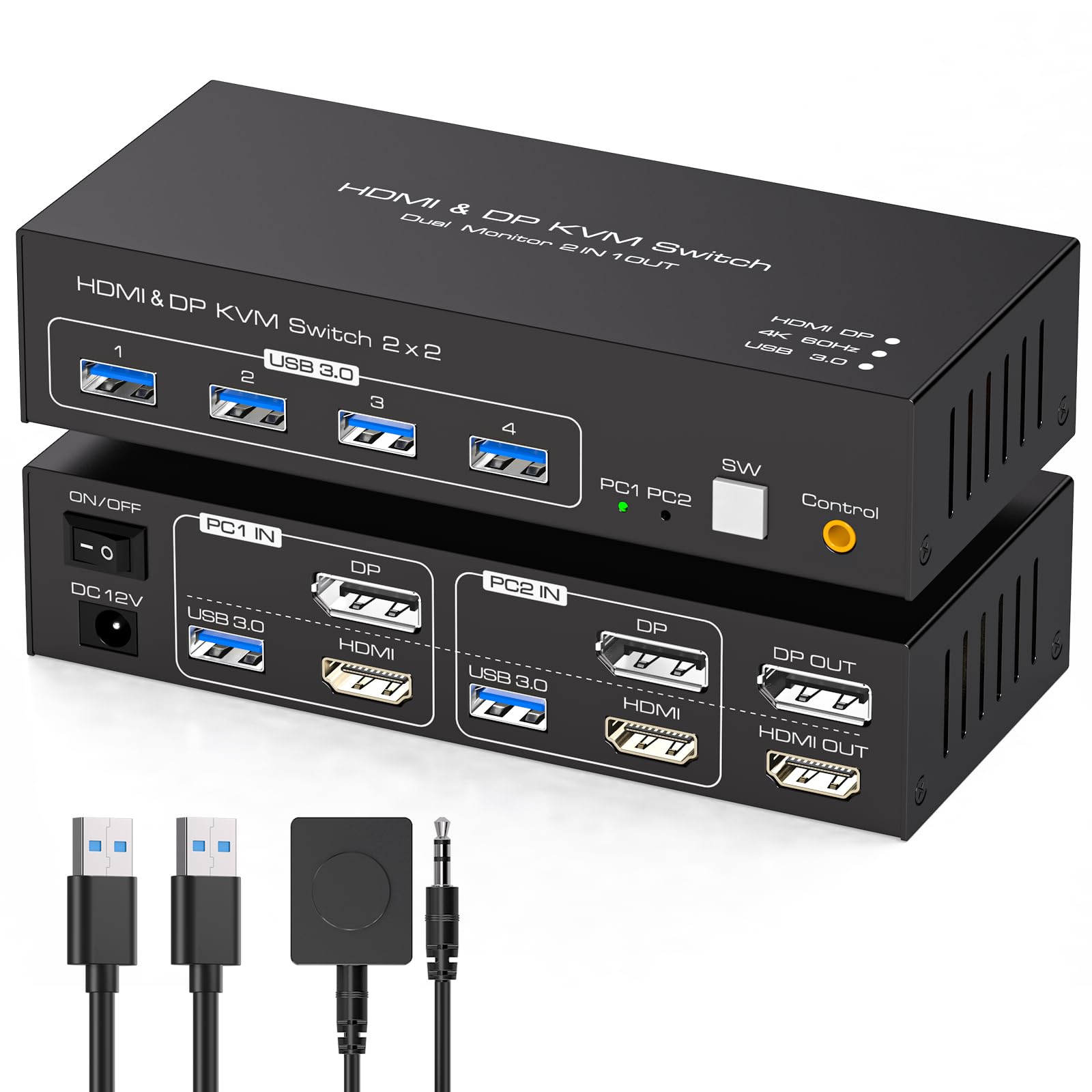TJCXELE HDMI Displayport KVM Switch 2 Monitors 2 Computers 4K60Hz USB 3.0 KVM Switches for Dual Computers Share 4 USB Ports Support Copy/Extend Mode With DC 12V/1A Adapter&Wired Controller - Black-image-39