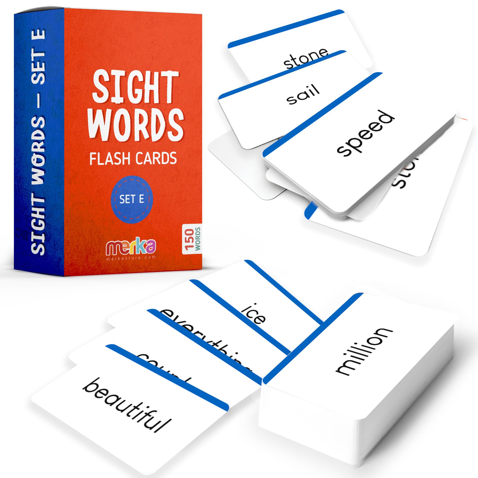 merkaSight Words Flashcards – Self-Paced Vocabulary Tool for Pre-K, Kindergarten, 1st, 2nd & 3rd Graders – Designed to Help Kids Learn to Read & Recognize First Words – Set E (150 Words)