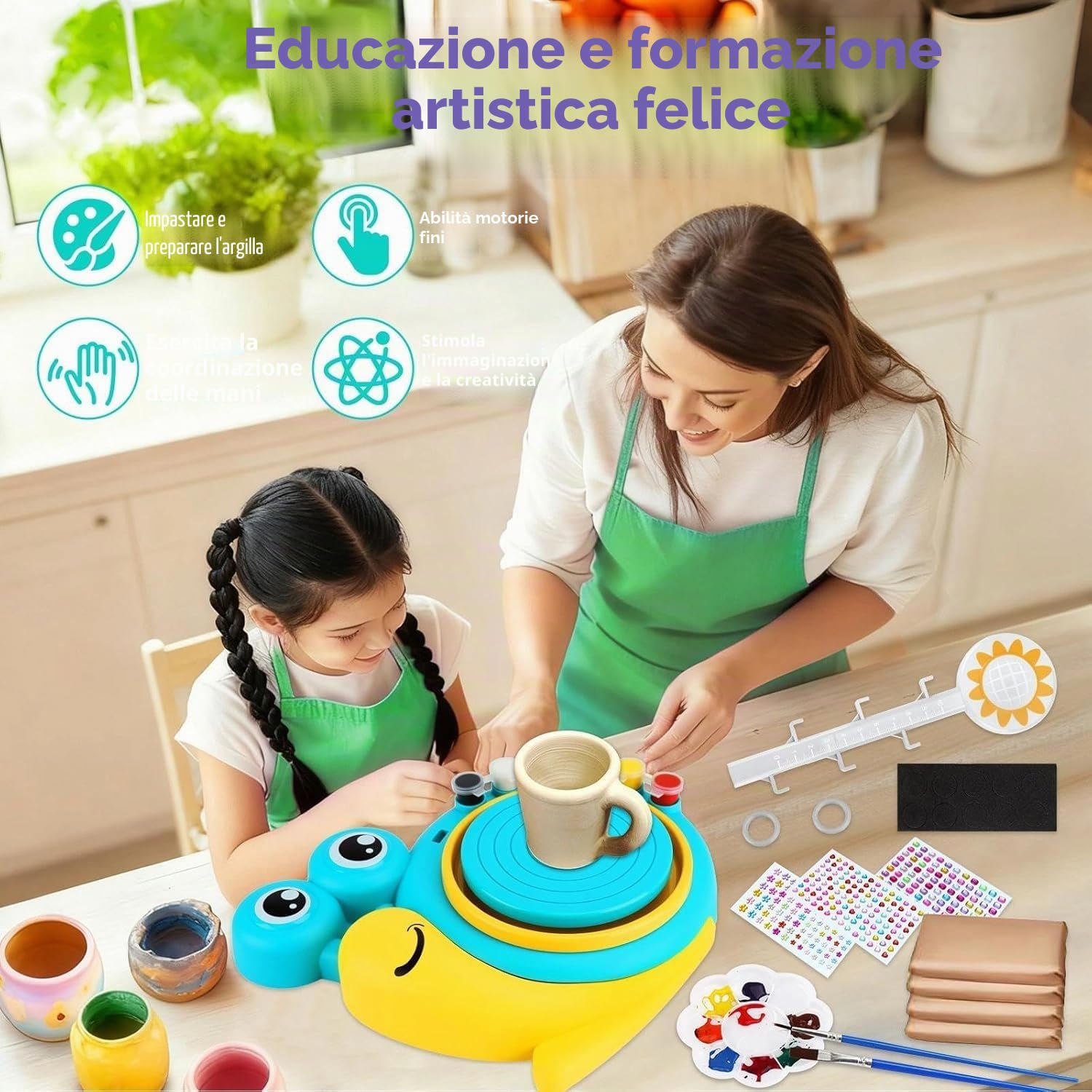 Ruota per Ceramica per Bambini,Set di Ceramiche per Bambini,Mini tornio Elettrico,Macchina per Ceramica con Argilla,Colori,Adesivi Diamantati,Regalo Compleanno Bambinis e Bambine 6+ Anni,Verde
