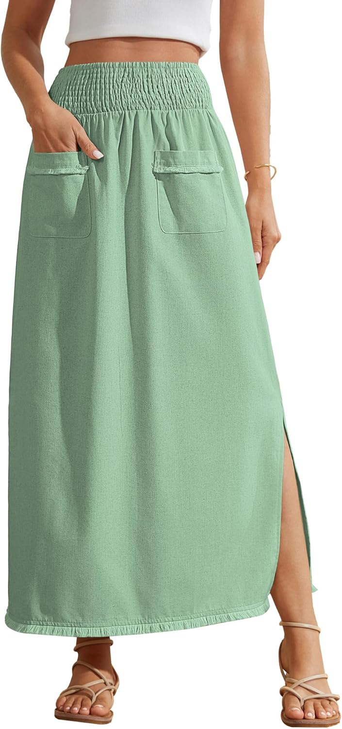 Bsubseach Maxi Skirts for Women Spring 2026 Linen Skirt with Side Slit Elastic Waist Long Ankle-Length Skirts with Pockets