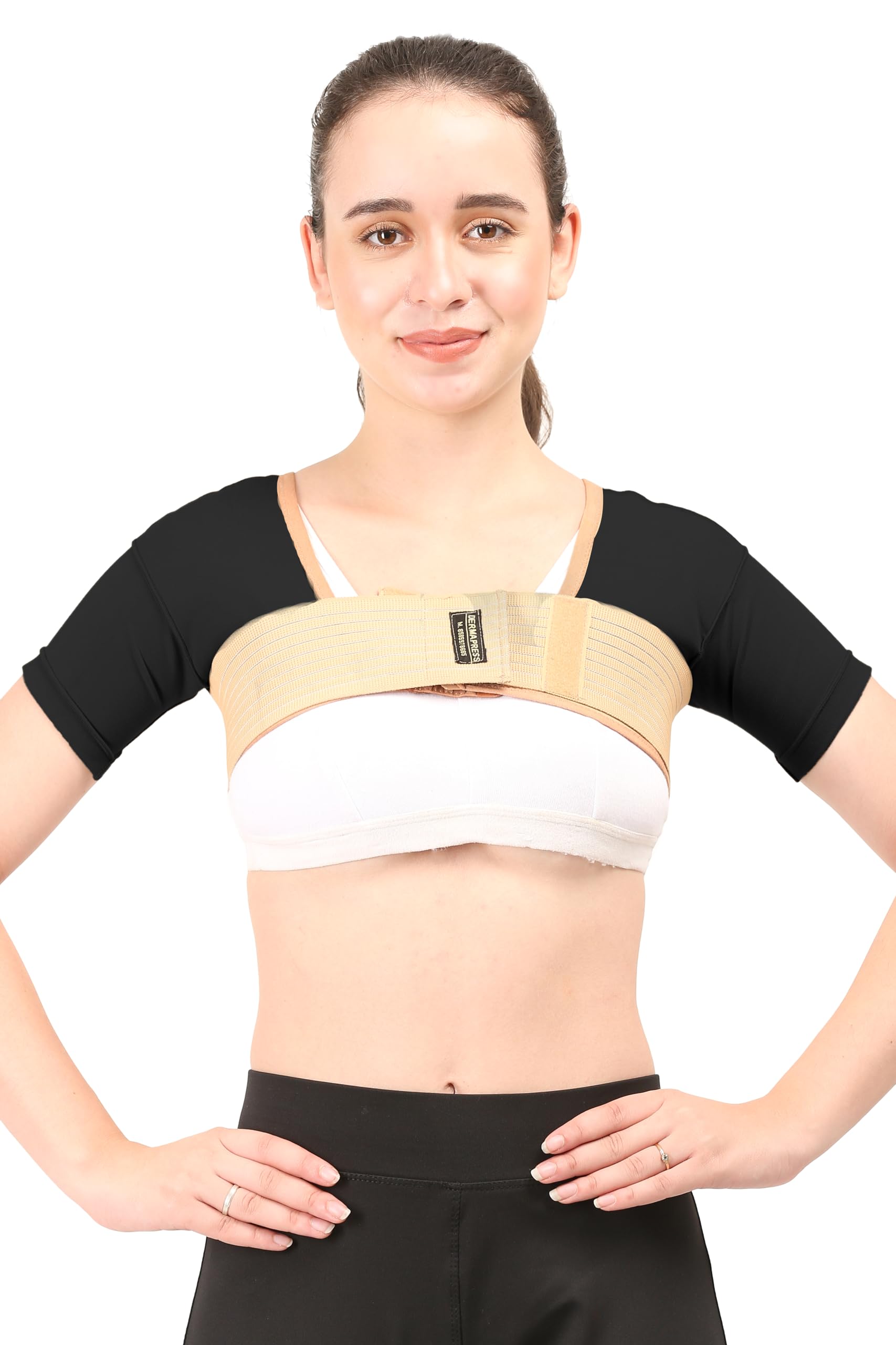 Dermapress Post Surgical Axillary Breast Support with Axillary Compression Band || MODERATE COMPRESSION || Liposuction Compression Garment || Front Hook Adjustment (Black, XS)-image-49