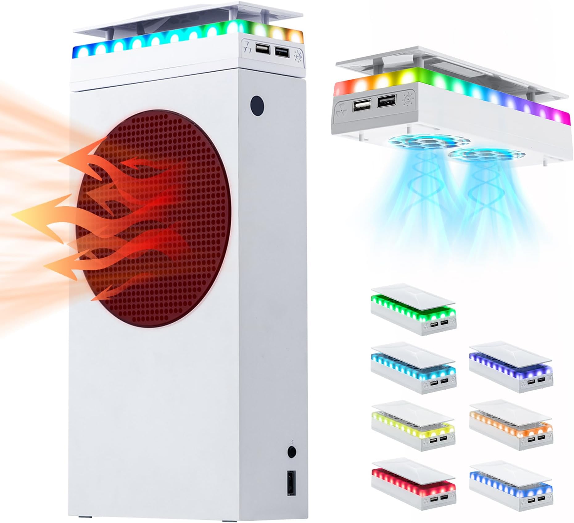 Mcbazel Xbox Series S Cooling Fan and Dust Cover, Dual Cooling System with 7 RGB Light Effects, 4000/4300/4500 RPM, USB Data Transfer and Charging Port, White