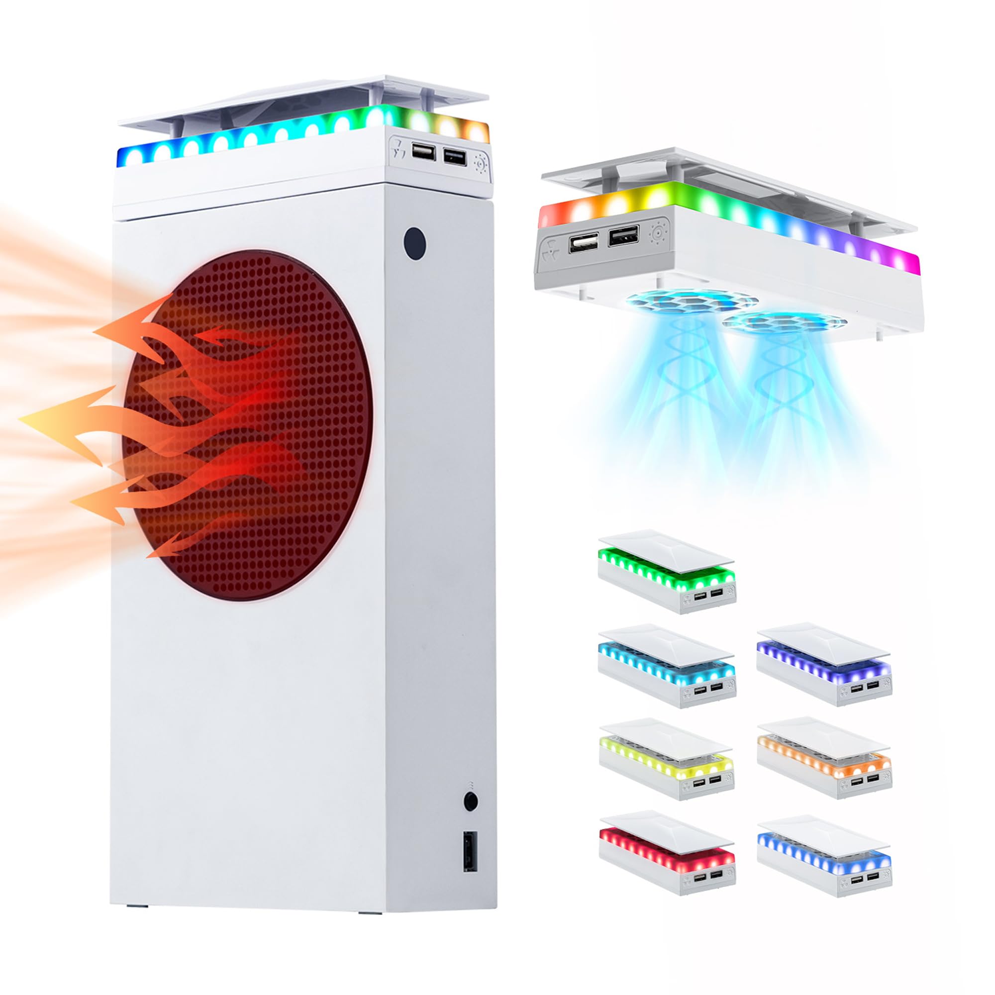 Mcbazel Xbox Series S Cooling Fan and Dust Cover, Dual Cooling System with 7 RGB Light Effects, 4000/4300/4500 RPM, USB Data Transfer and Charging Port, White