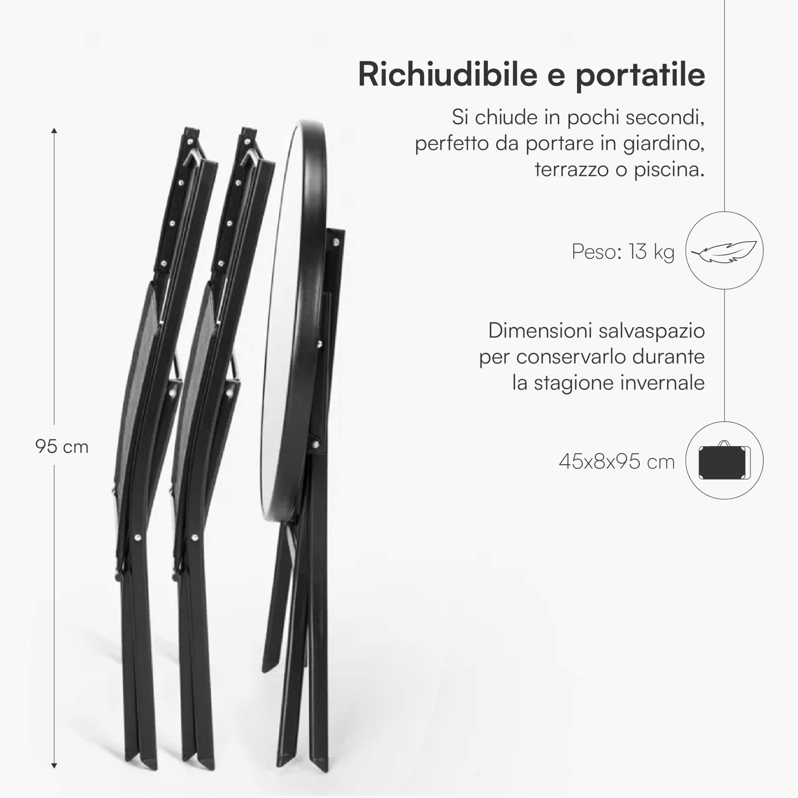 Baroni Home Set Giardino Pieghevole 3 Pezzi con 2 Sedie e Tavolo Rotondo in Vetro Temperato Ø60 cm, Set da Balcone e Terrazzo, Sedute Impermeabili (Nero)