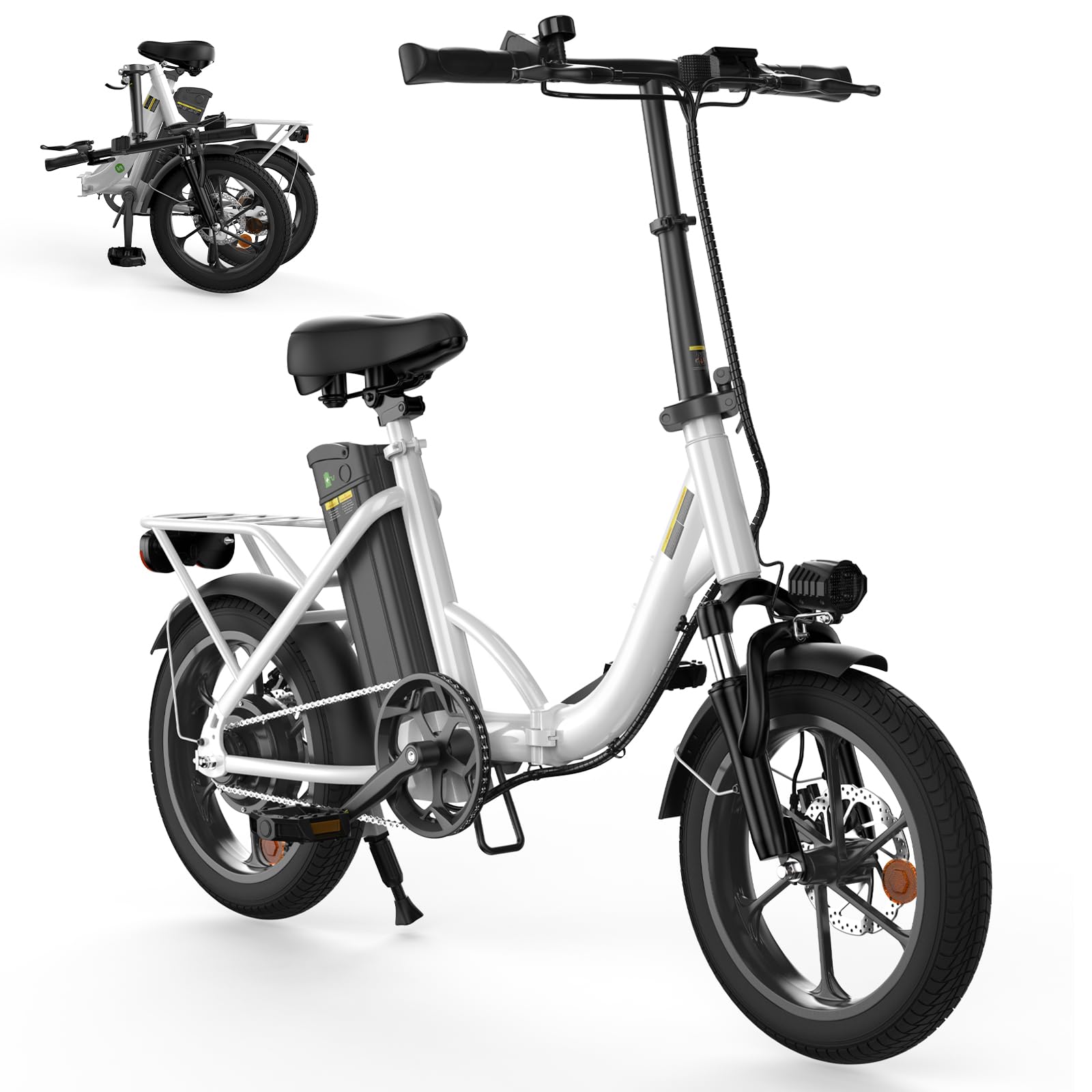 Finbike Klapprad E-Bike 16 * 2.15 Zoll Fat Tire,Tragbares Elektrofahrrad mit 10.4Ah Abnehmbarem Akku,4 Fahrmodi,PAS Reichweite MAX 88KM,Falt-Elektrofahrräder für Herren Damen Pendeln